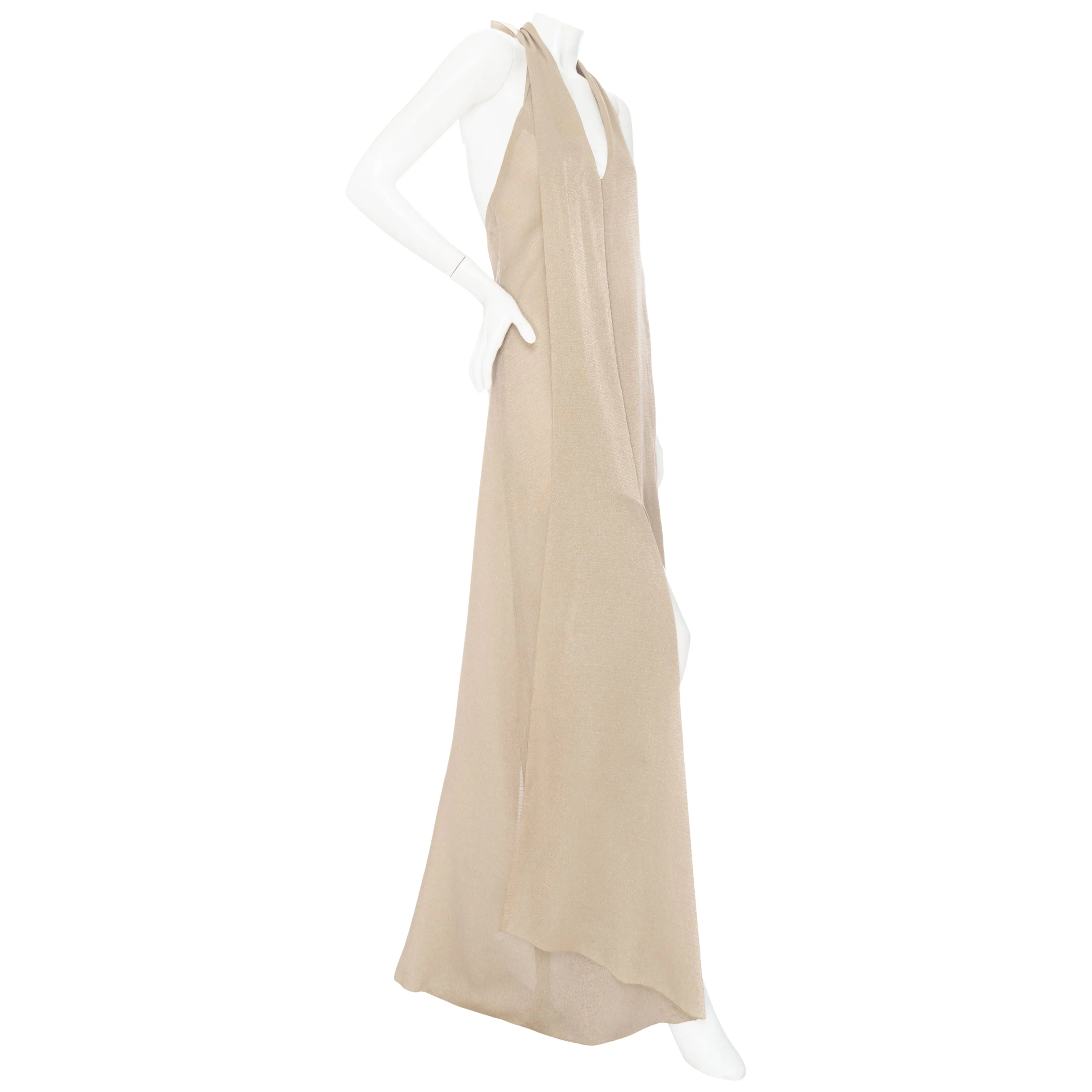 1999 Beige and Gold Viscose-Blend Halter V-Neck Maxi Dress