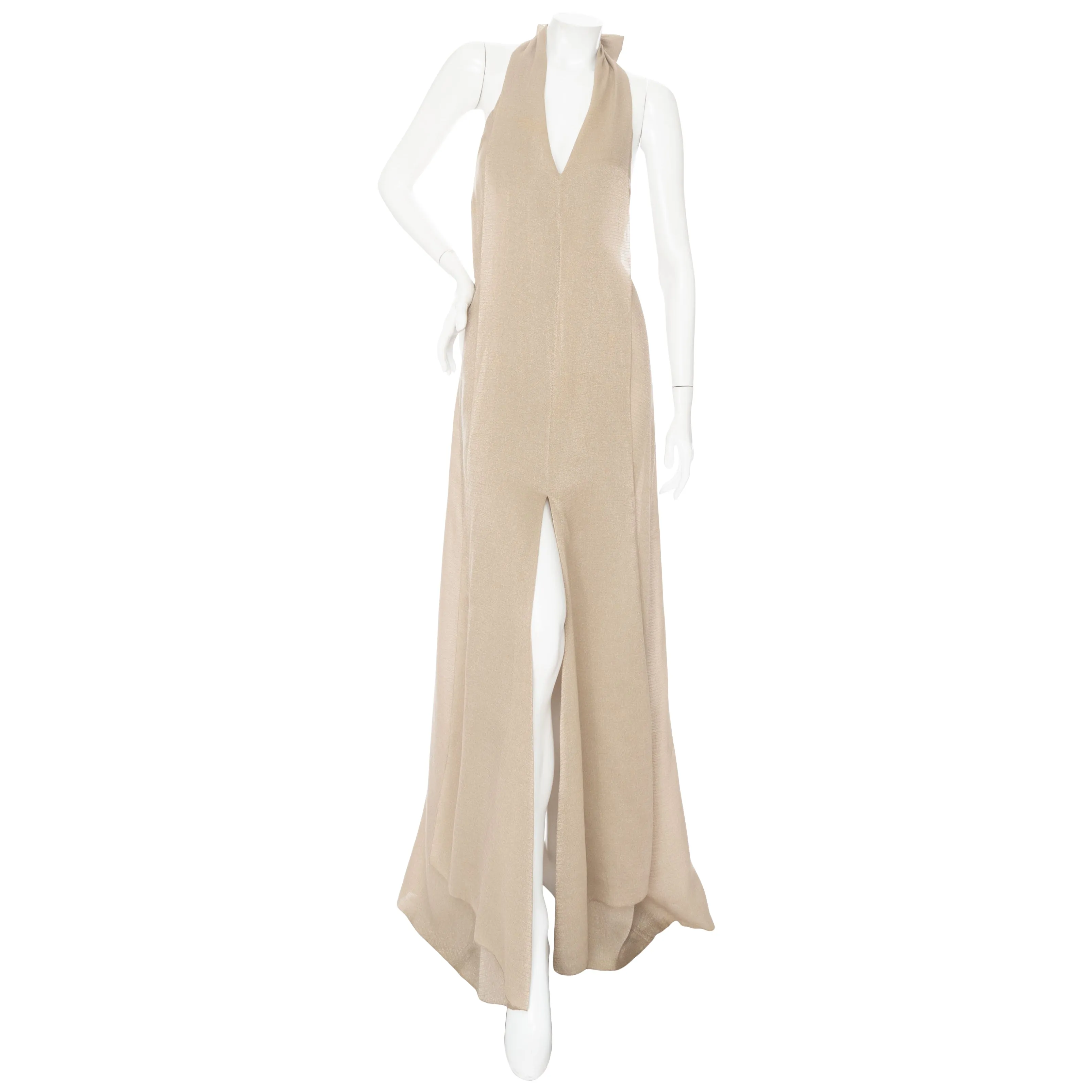 1999 Beige and Gold Viscose-Blend Halter V-Neck Maxi Dress