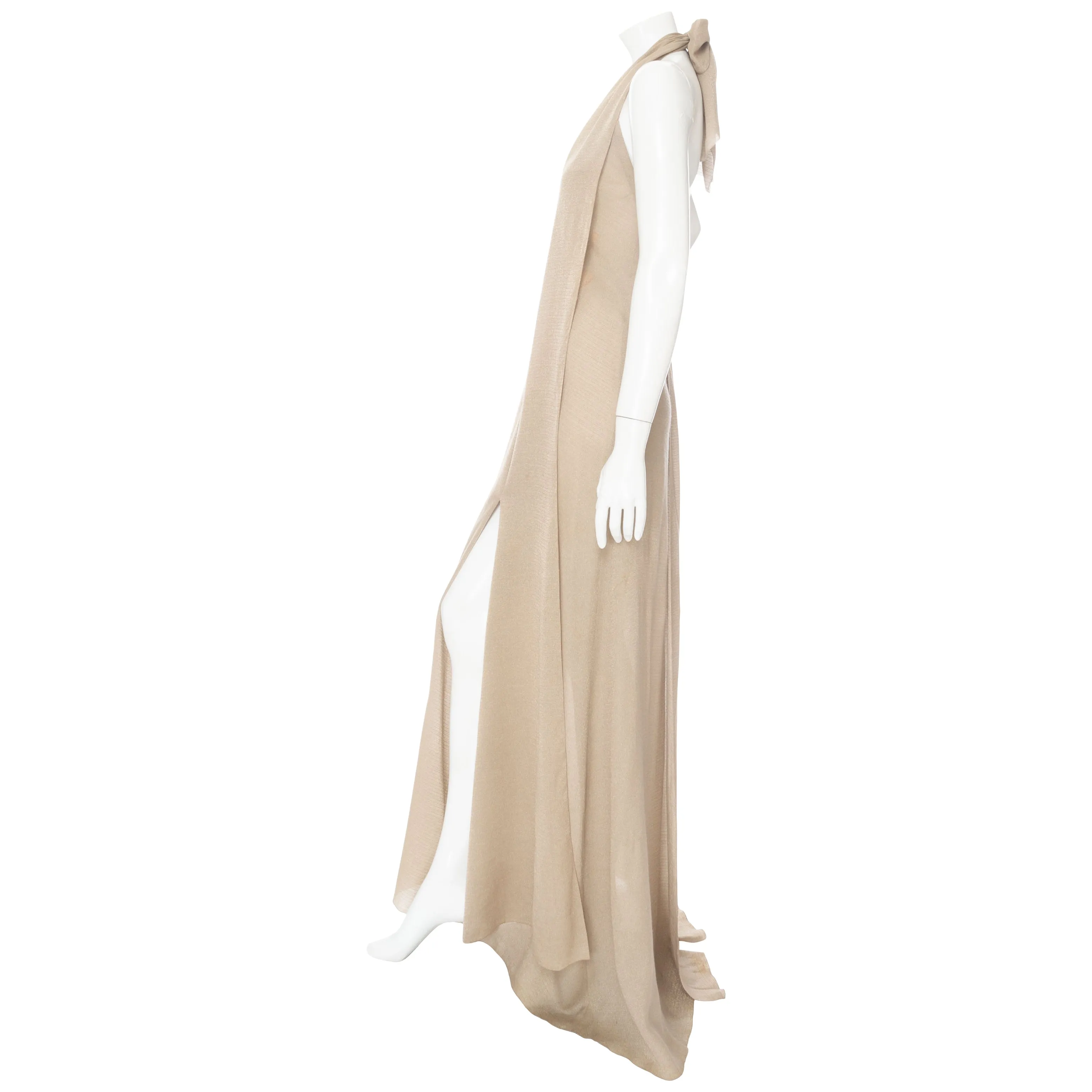 1999 Beige and Gold Viscose-Blend Halter V-Neck Maxi Dress