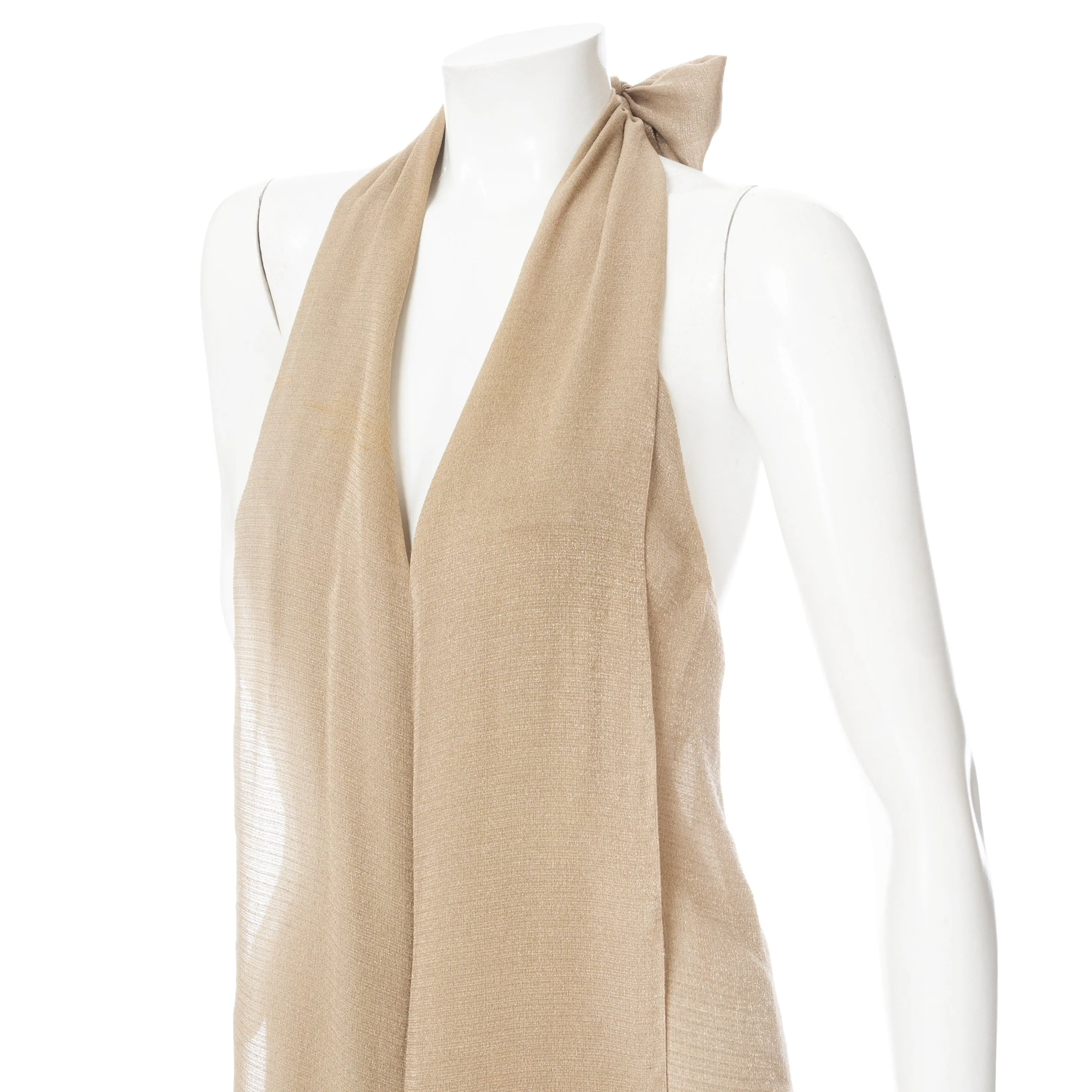 1999 Beige and Gold Viscose-Blend Halter V-Neck Maxi Dress