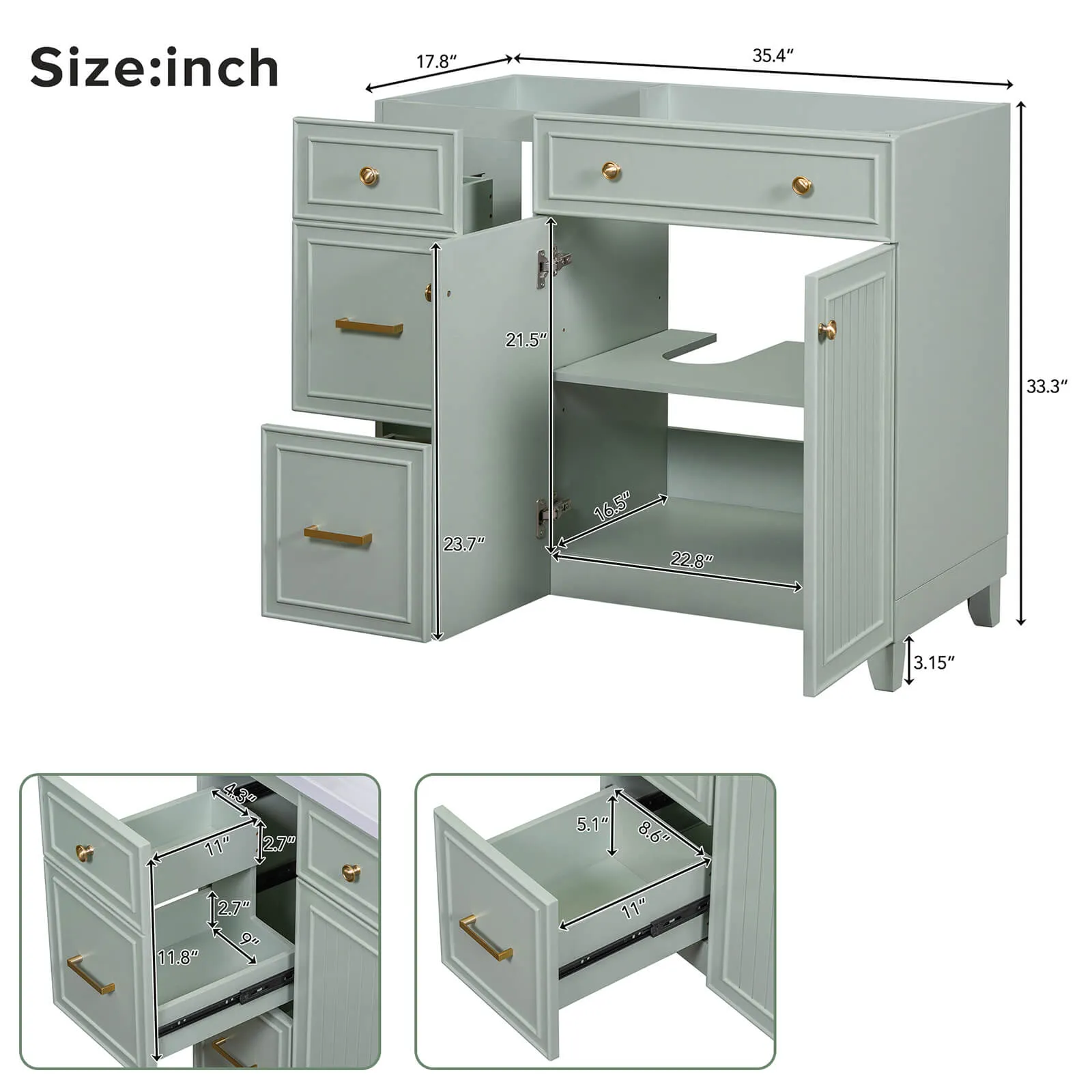 36" Light Gray-Green Bathroom Vanity with Adjustable Shelves (Cabinet Only)