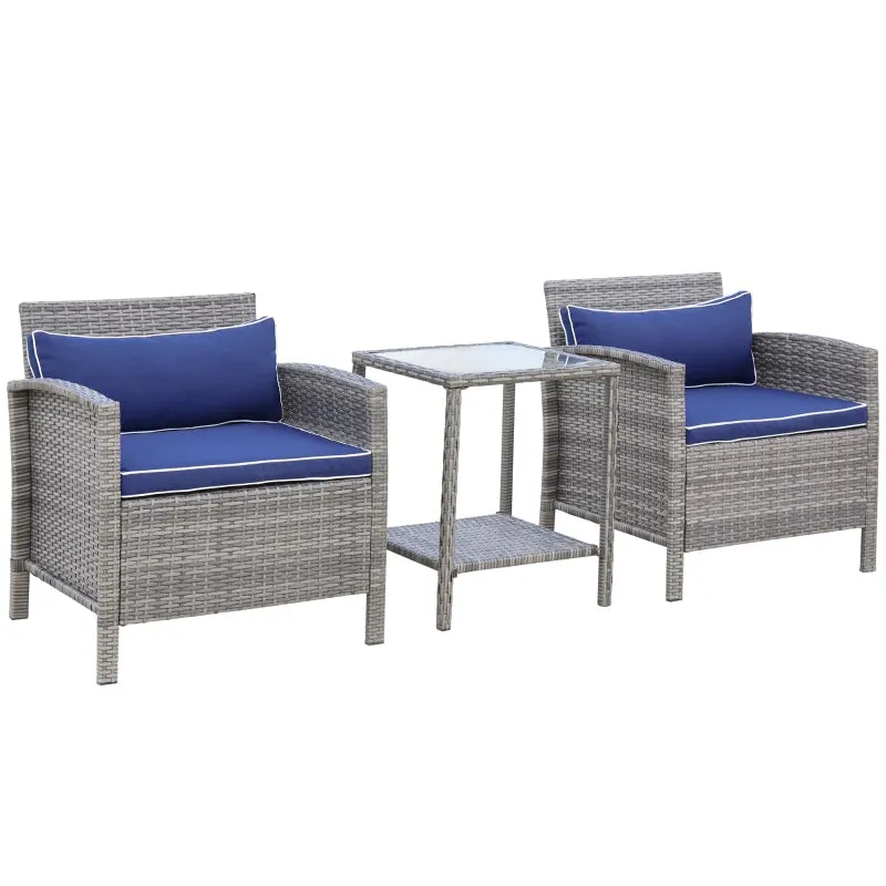 3pc Wicker Patio Coffee Table Set  - Blue