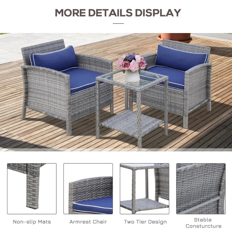 3pc Wicker Patio Coffee Table Set  - Blue