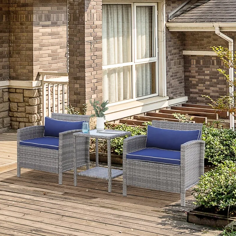 3pc Wicker Patio Coffee Table Set  - Blue