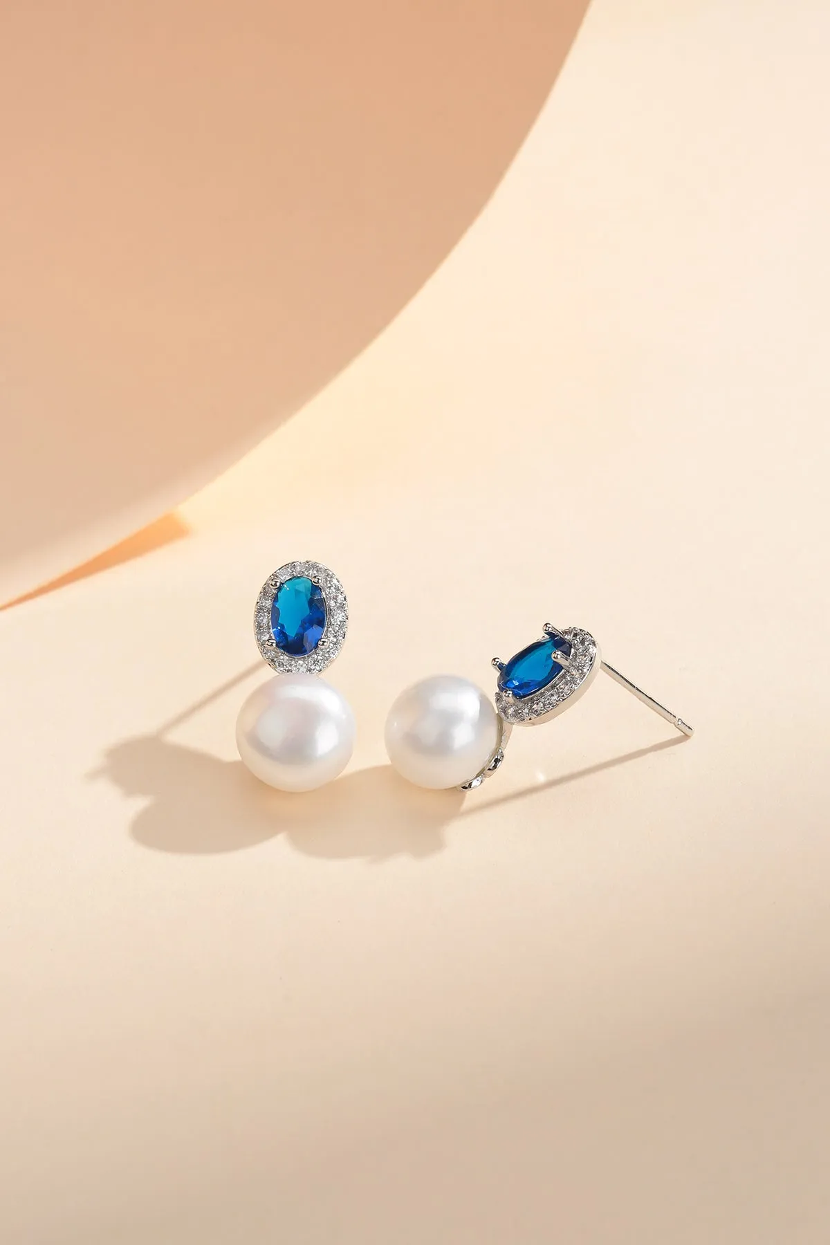 7-8mm Blue Crystal CZ Pearl Earrings