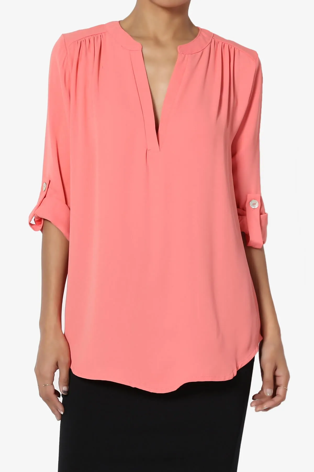 Alia Shirred Split Neck Blouse