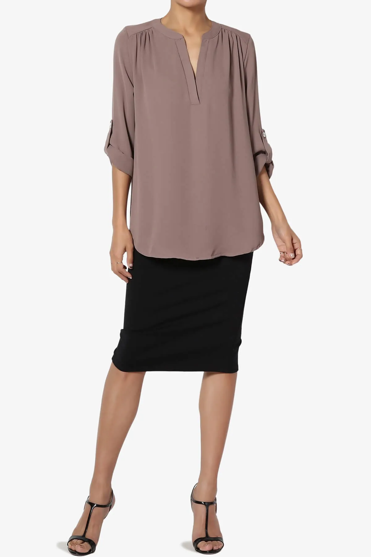 Alia Shirred Split Neck Blouse