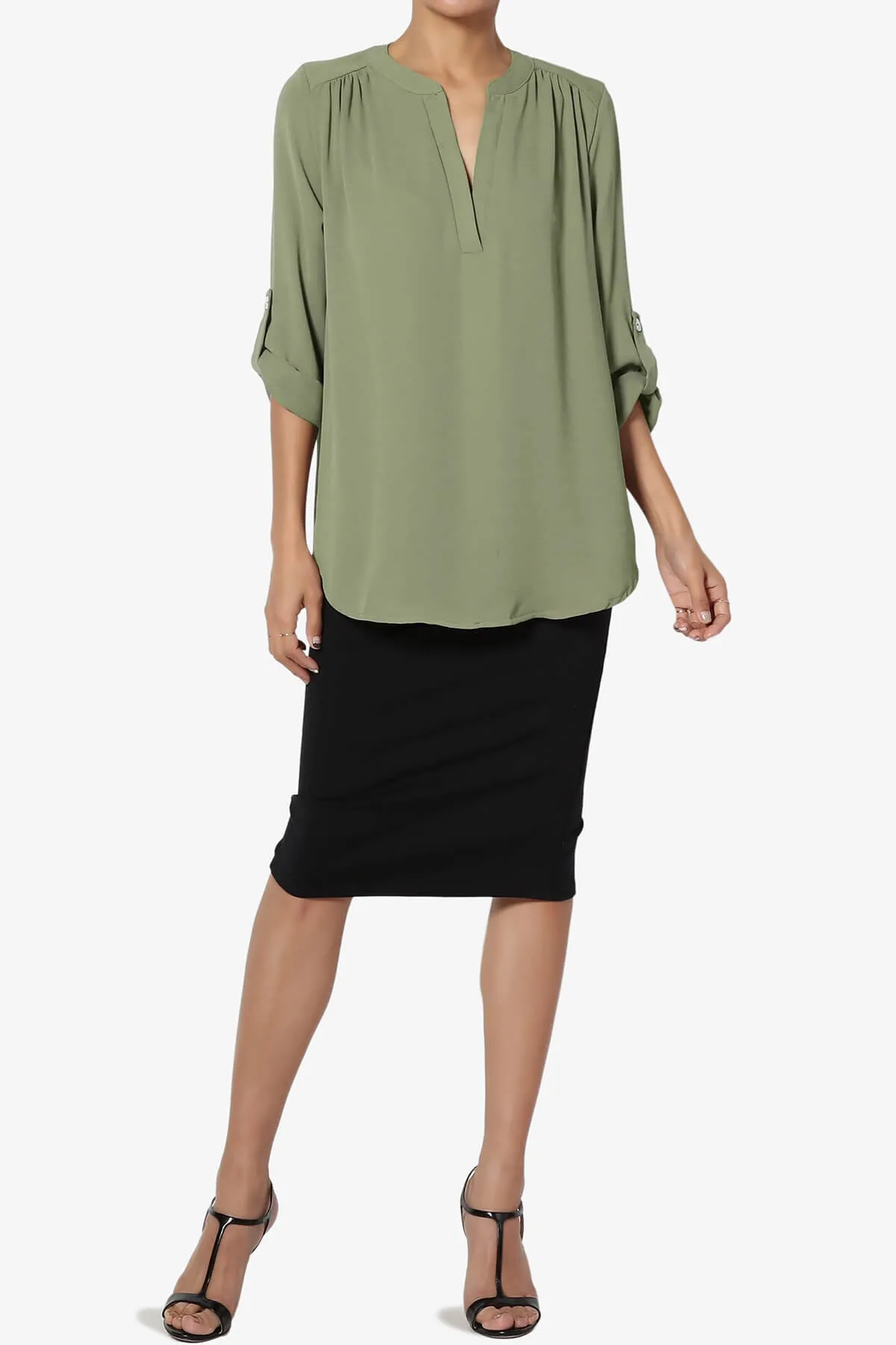 Alia Shirred Split Neck Blouse