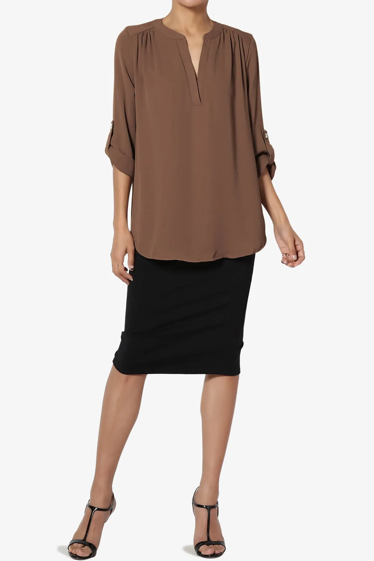 Alia Shirred Split Neck Blouse