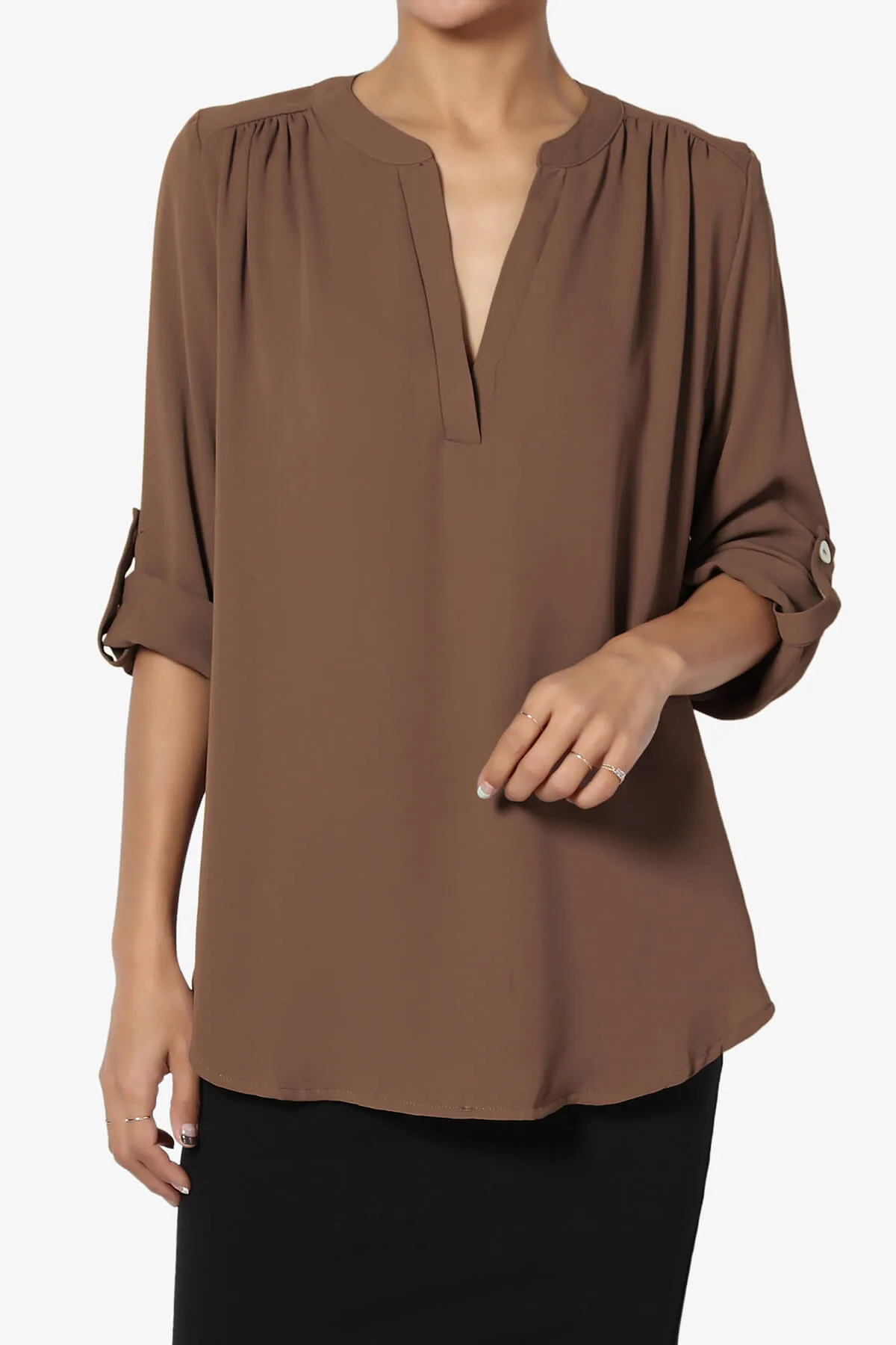 Alia Shirred Split Neck Blouse