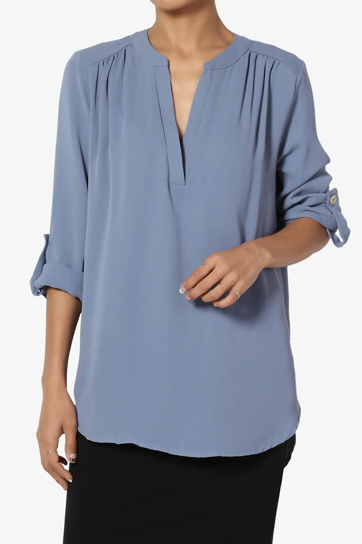 Alia Shirred Split Neck Blouse