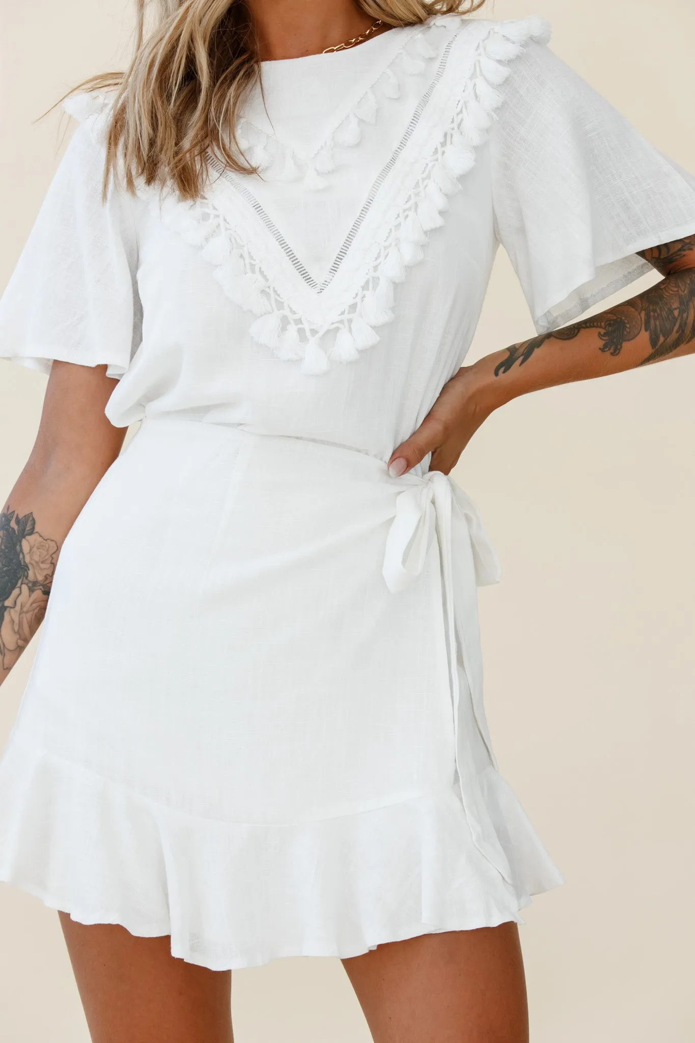 Angelique Tassel Bust Wrap Bottom Dress White