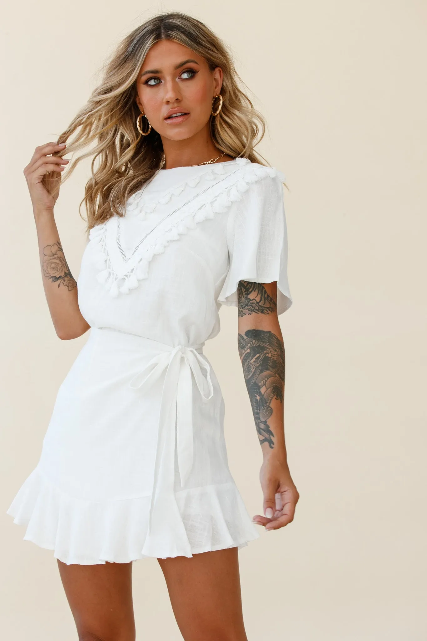 Angelique Tassel Bust Wrap Bottom Dress White