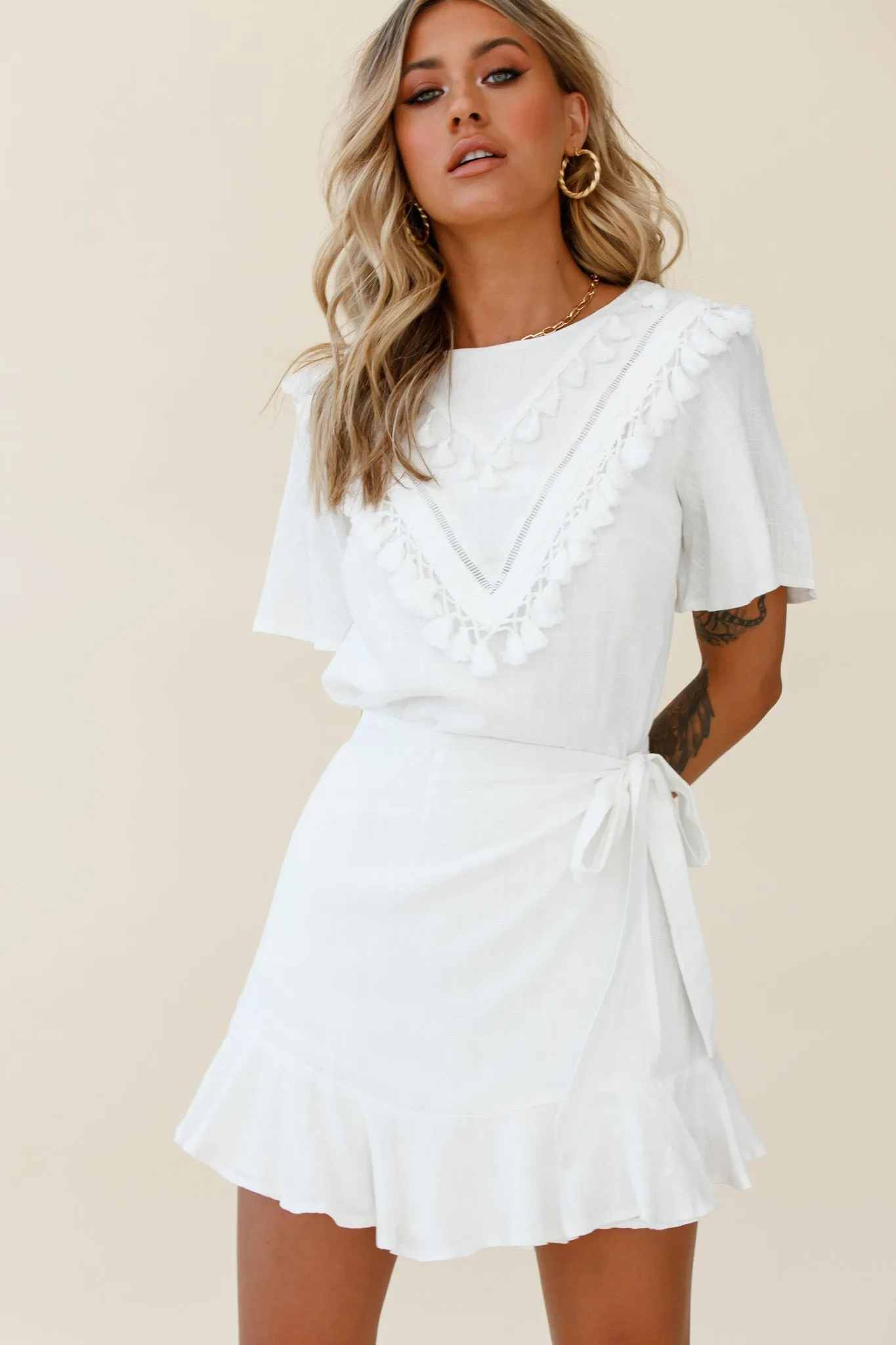 Angelique Tassel Bust Wrap Bottom Dress White