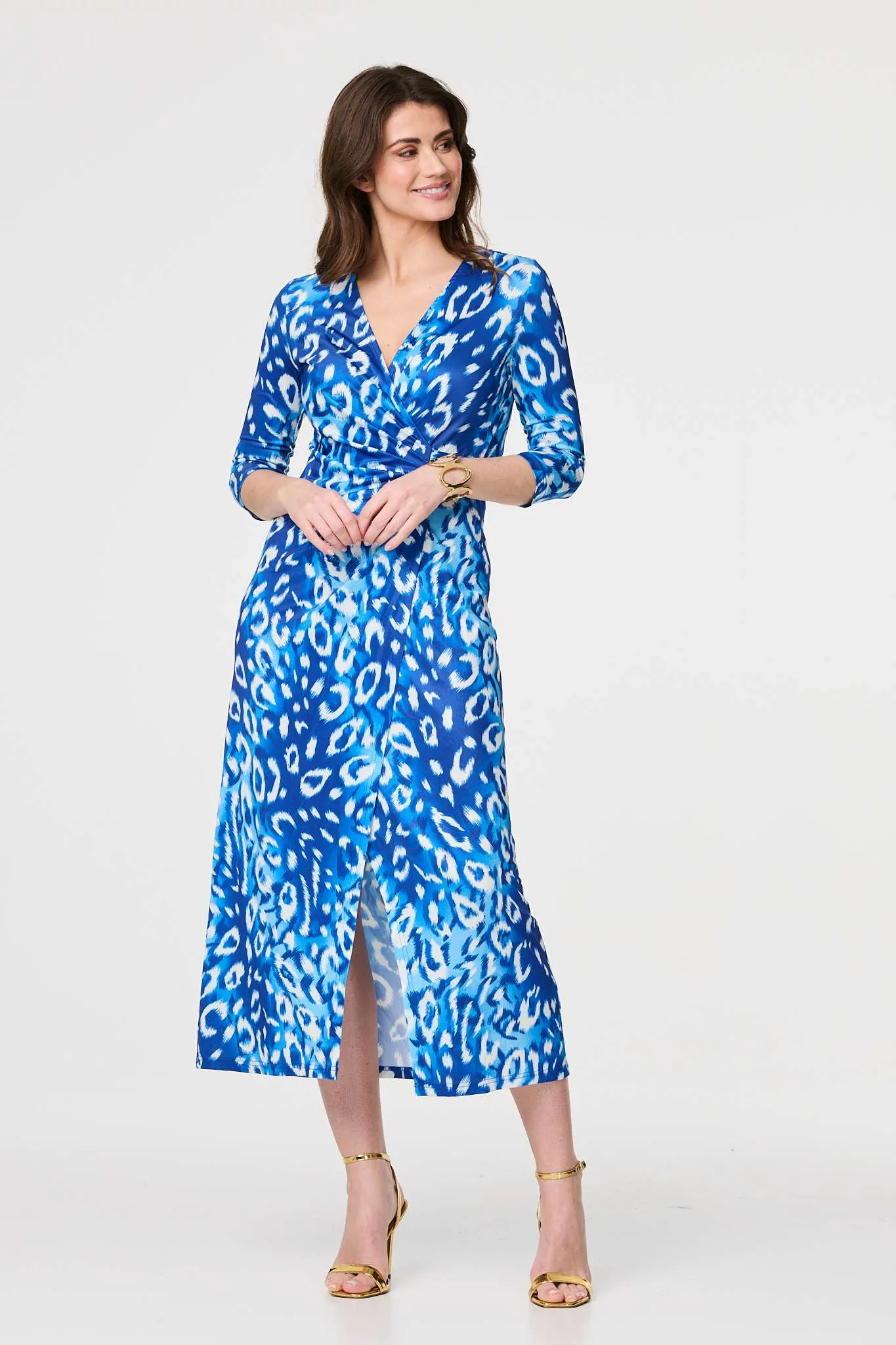 Animal Print 3/4 Sleeve Midi Wrap Dress