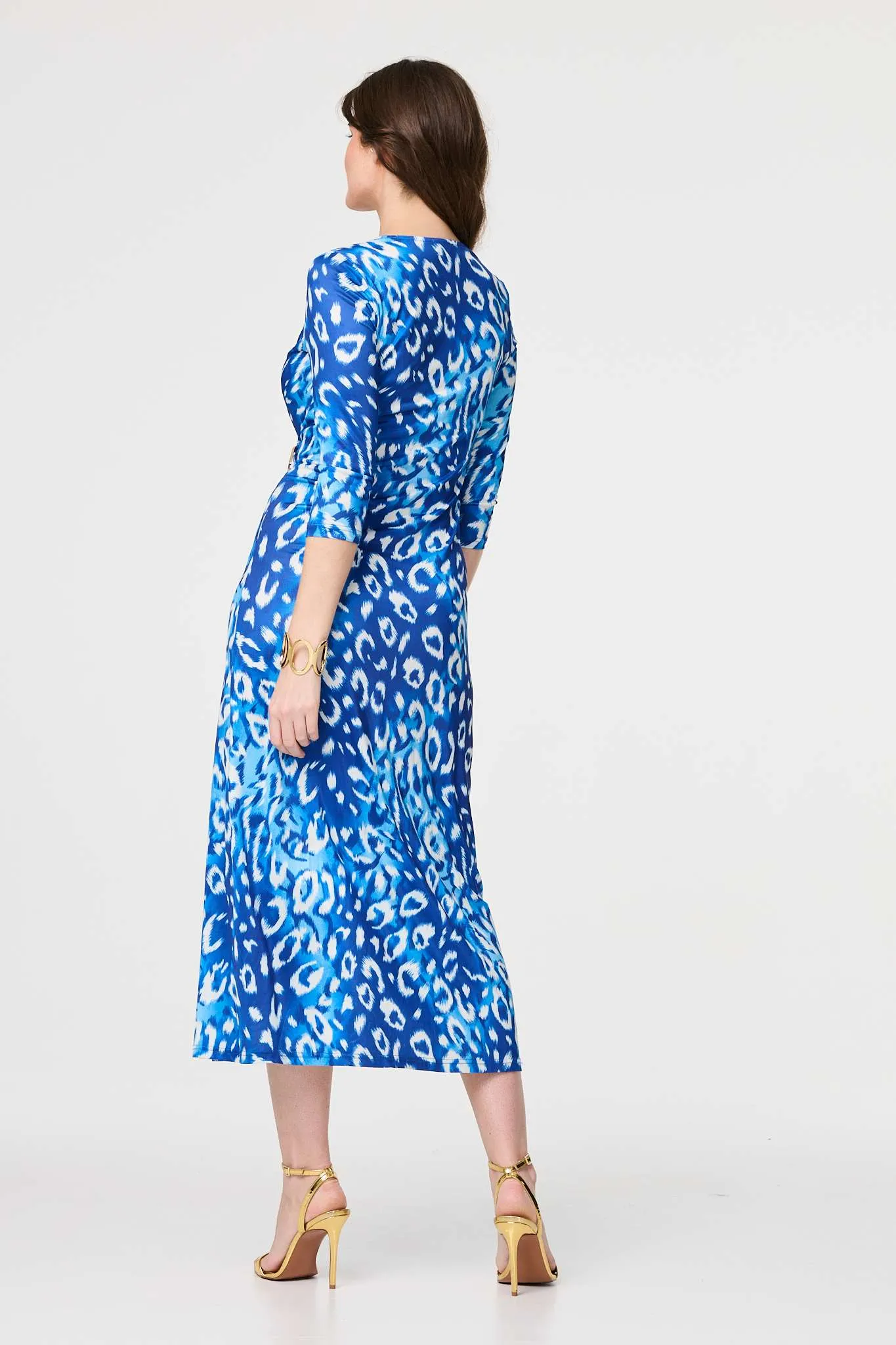 Animal Print 3/4 Sleeve Midi Wrap Dress