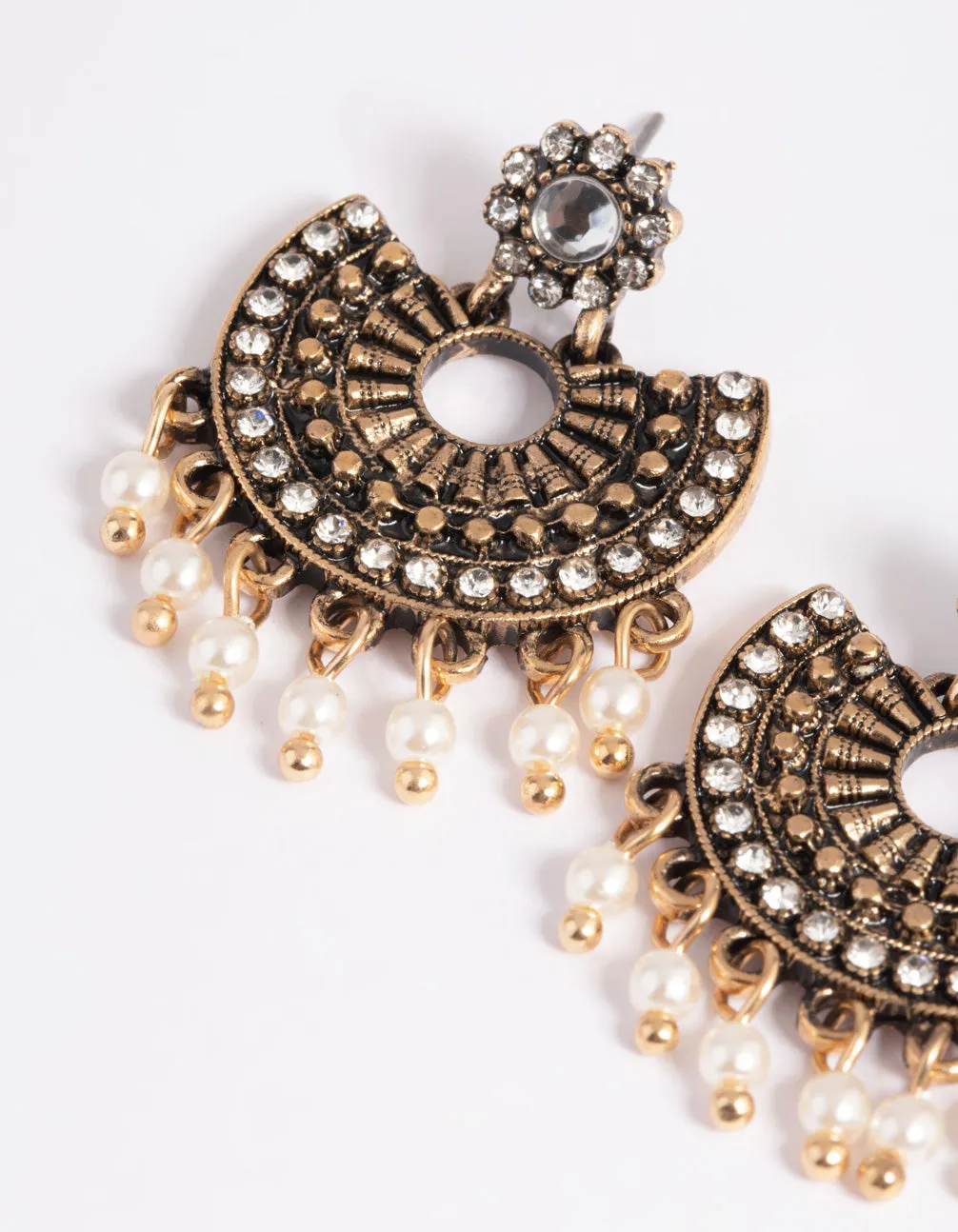 Antique Gold Diamante & Pearl Vintage Drop Earrings