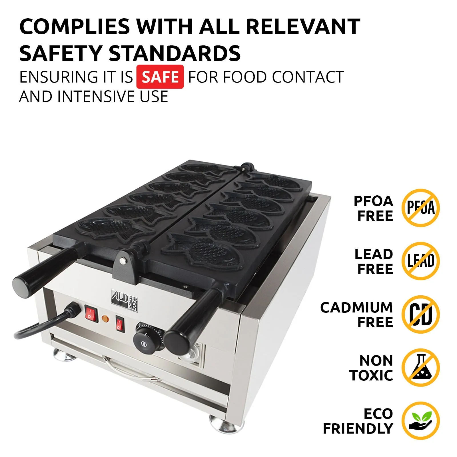 AP-207 Taiyaki Fish Waffle Maker | Fish Waffle Iron | Stainless Steel Nonstick Commercial Taiyaki Maker | 6 Fish-Shaped Waffles