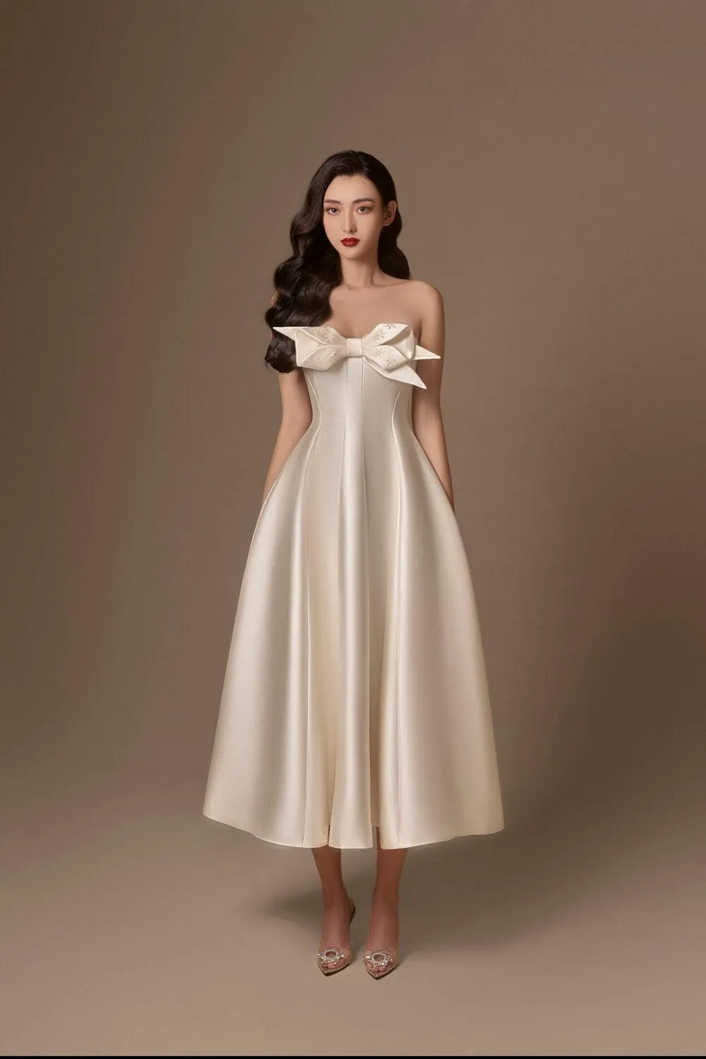 Aries Flared Semi-Heart Neck Taffeta Midi Dress