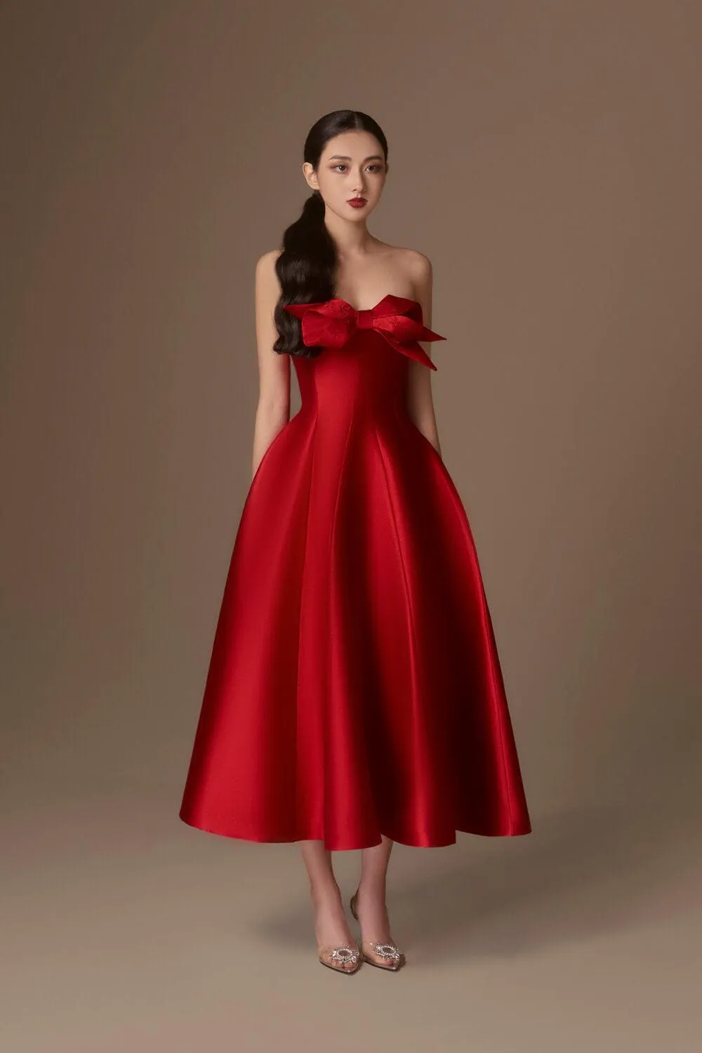 Aries Flared Semi-Heart Neck Taffeta Midi Dress