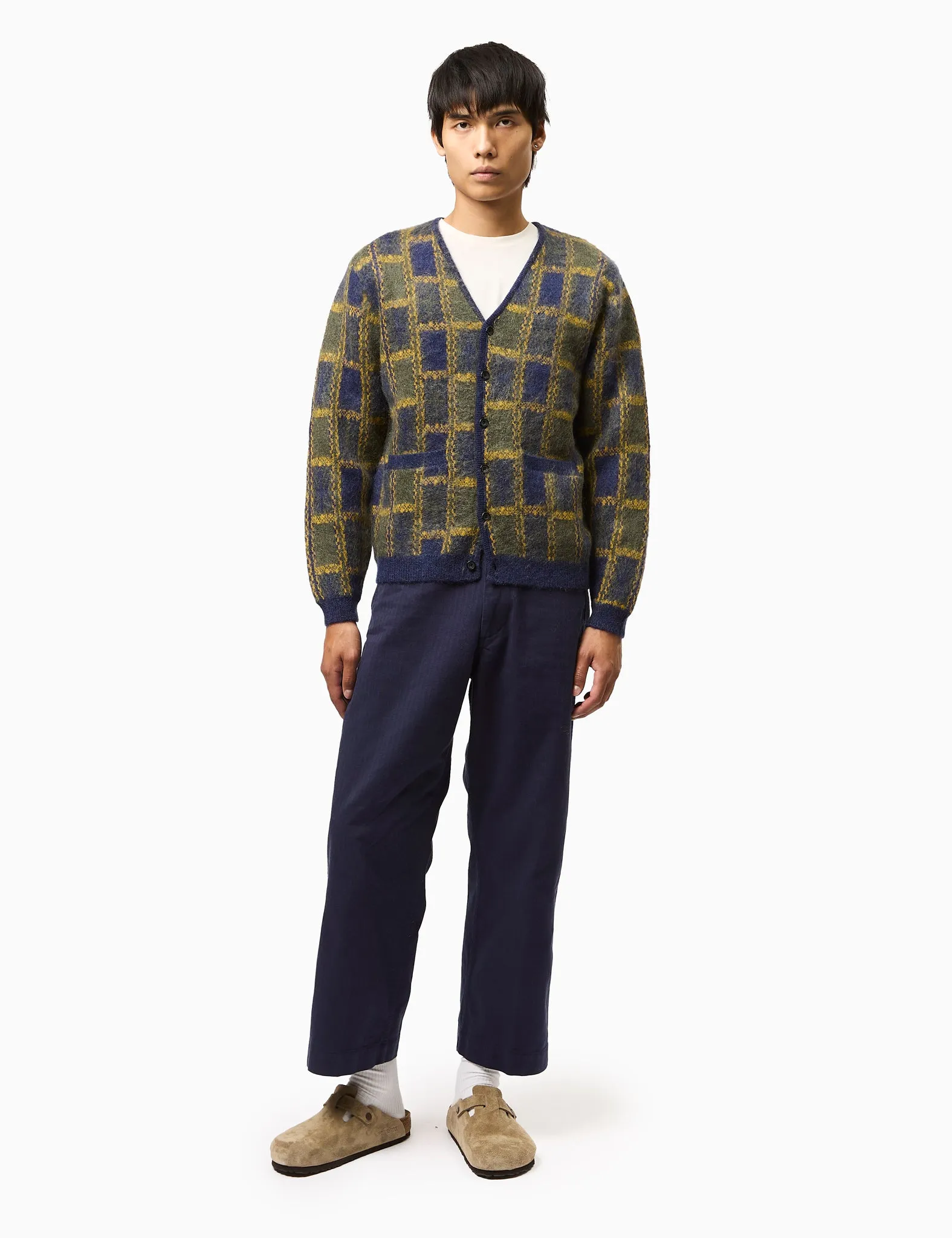 Beams Plus Check Pattern Cardigan (Jacquard) - Navy Blue