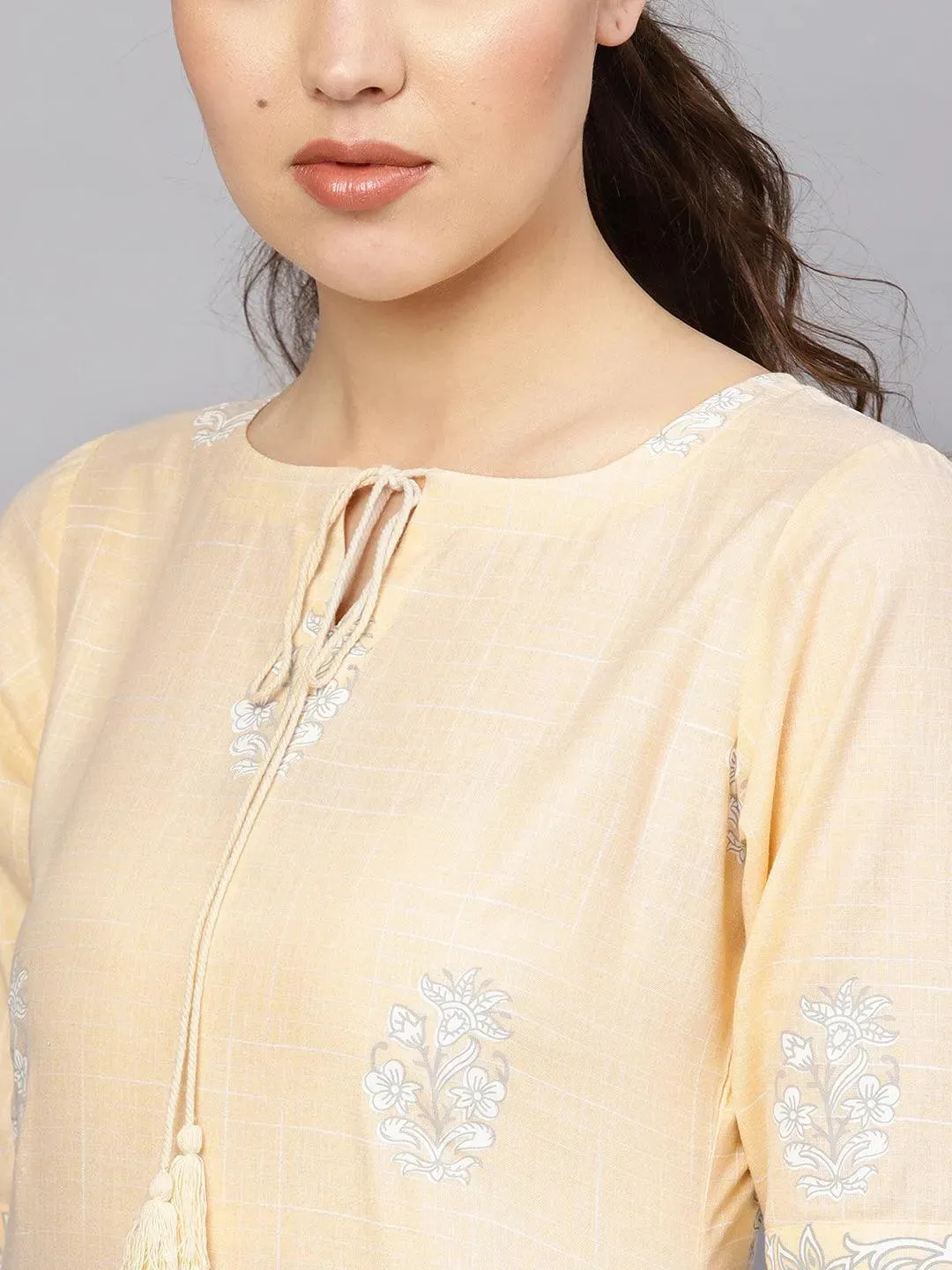 Beige Printed Cotton Straight Kurta With Palazzos