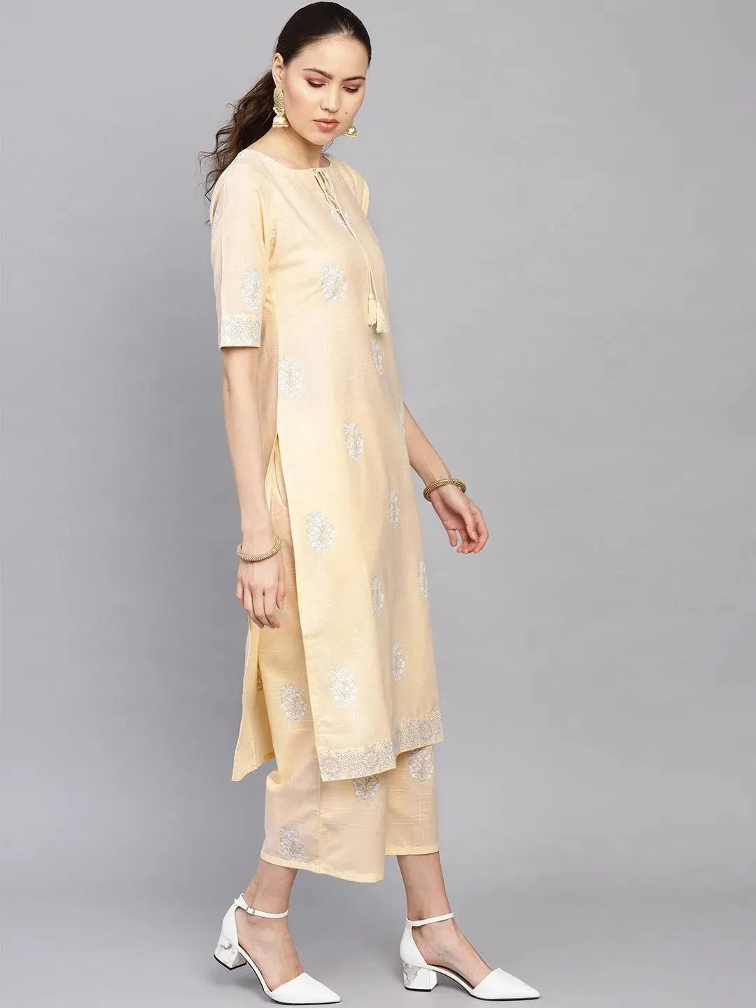 Beige Printed Cotton Straight Kurta With Palazzos