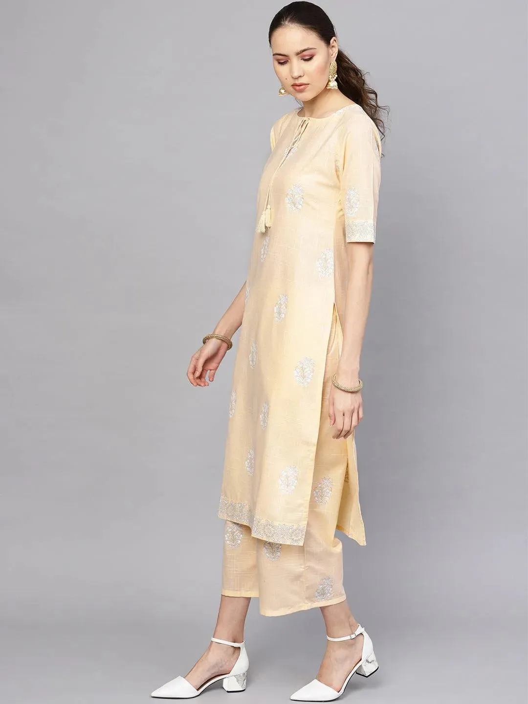 Beige Printed Cotton Straight Kurta With Palazzos