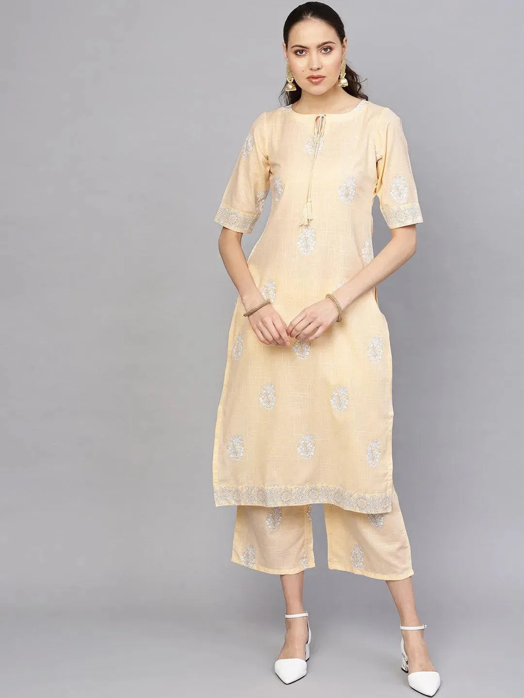 Beige Printed Cotton Straight Kurta With Palazzos