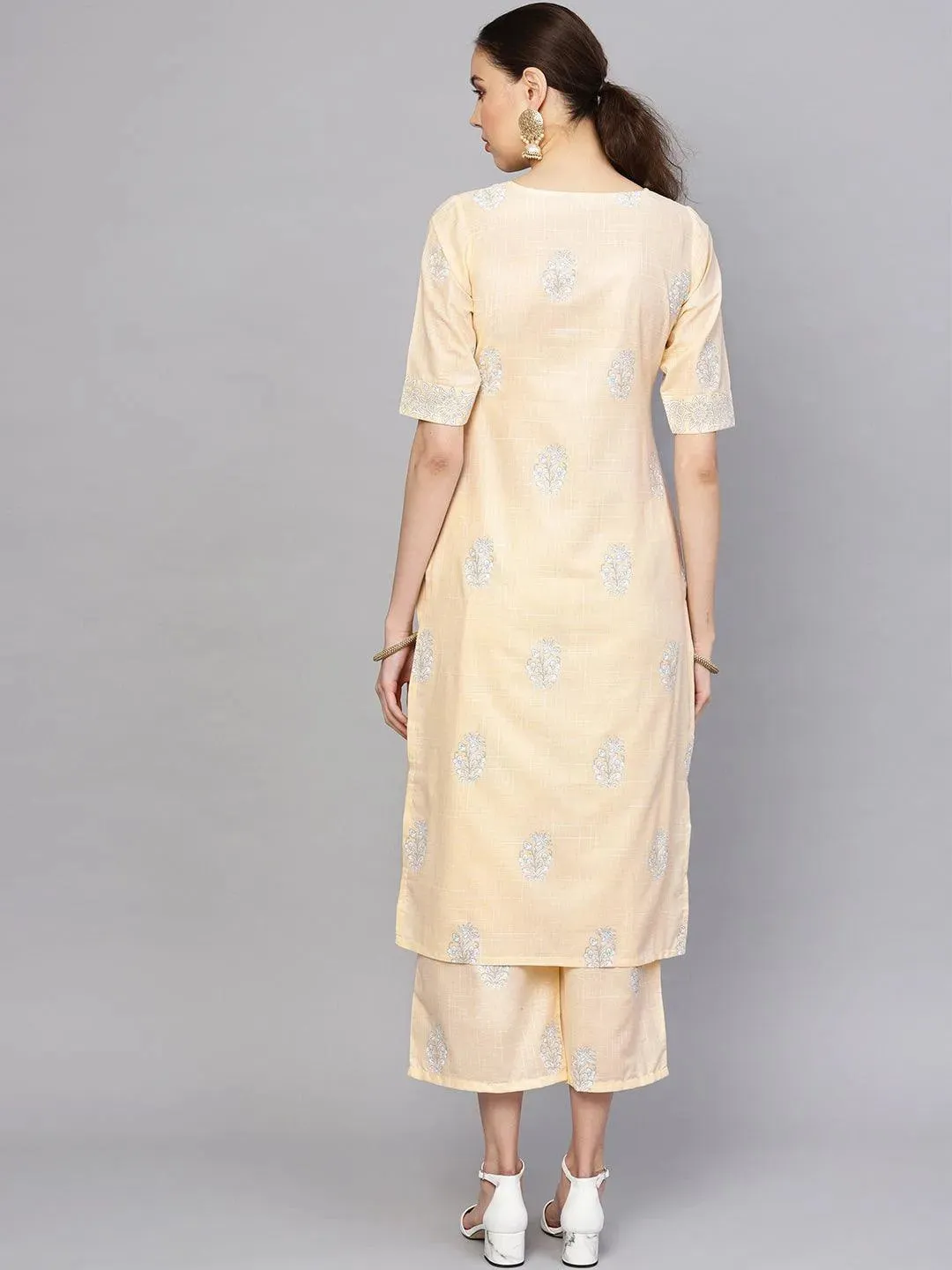 Beige Printed Cotton Straight Kurta With Palazzos