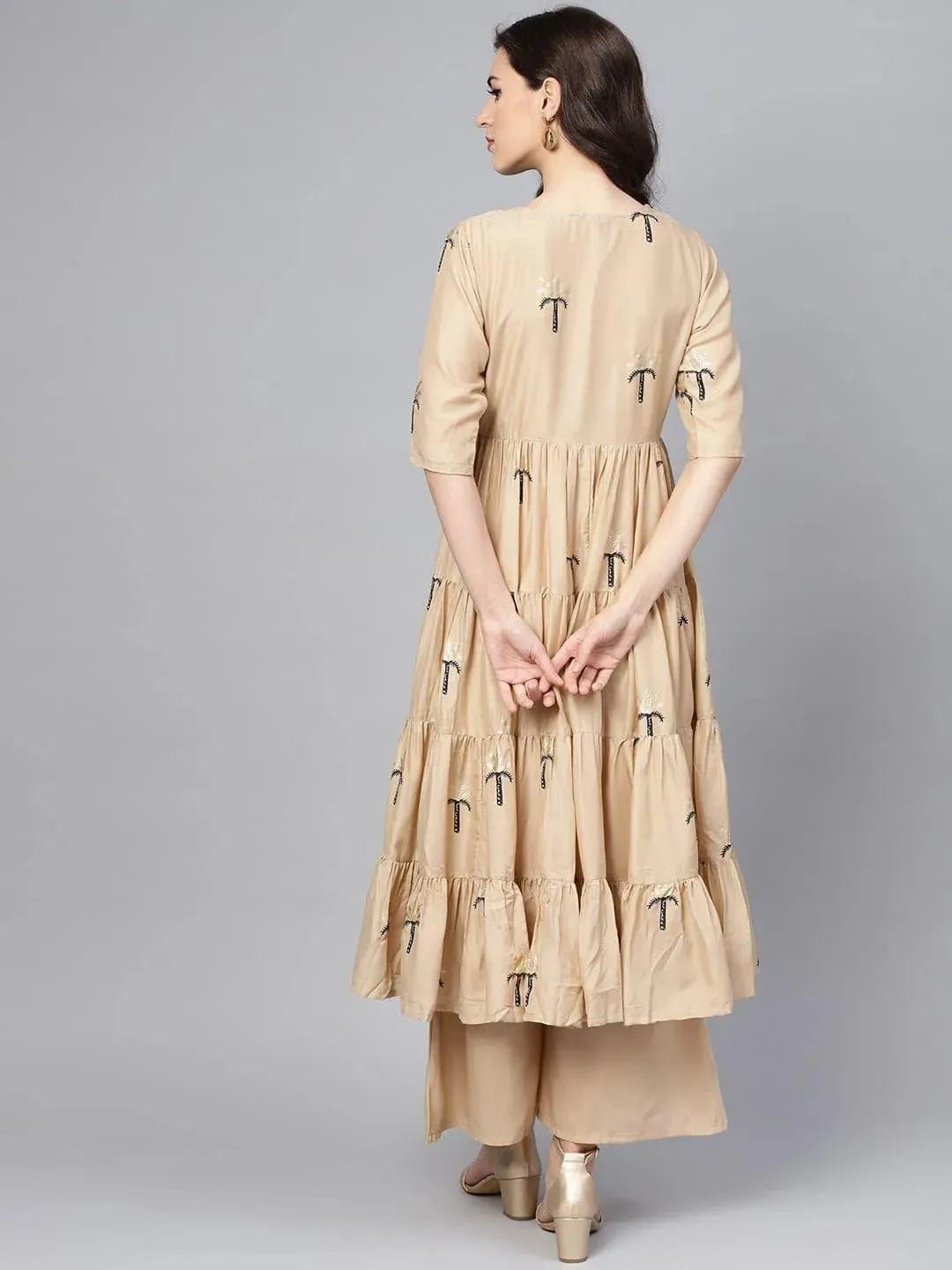 Beige Printed Polyester Straight Kurta With Palazzos & Jacket