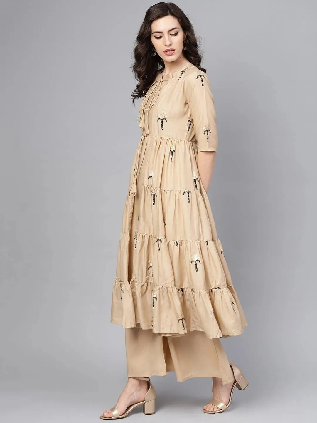 Beige Printed Polyester Straight Kurta With Palazzos & Jacket