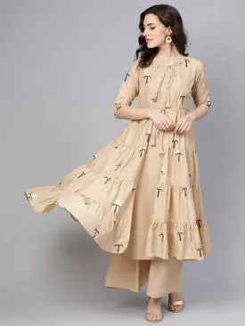 Beige Printed Polyester Straight Kurta With Palazzos & Jacket