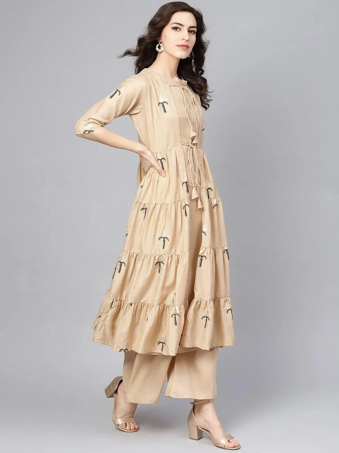 Beige Printed Polyester Straight Kurta With Palazzos & Jacket