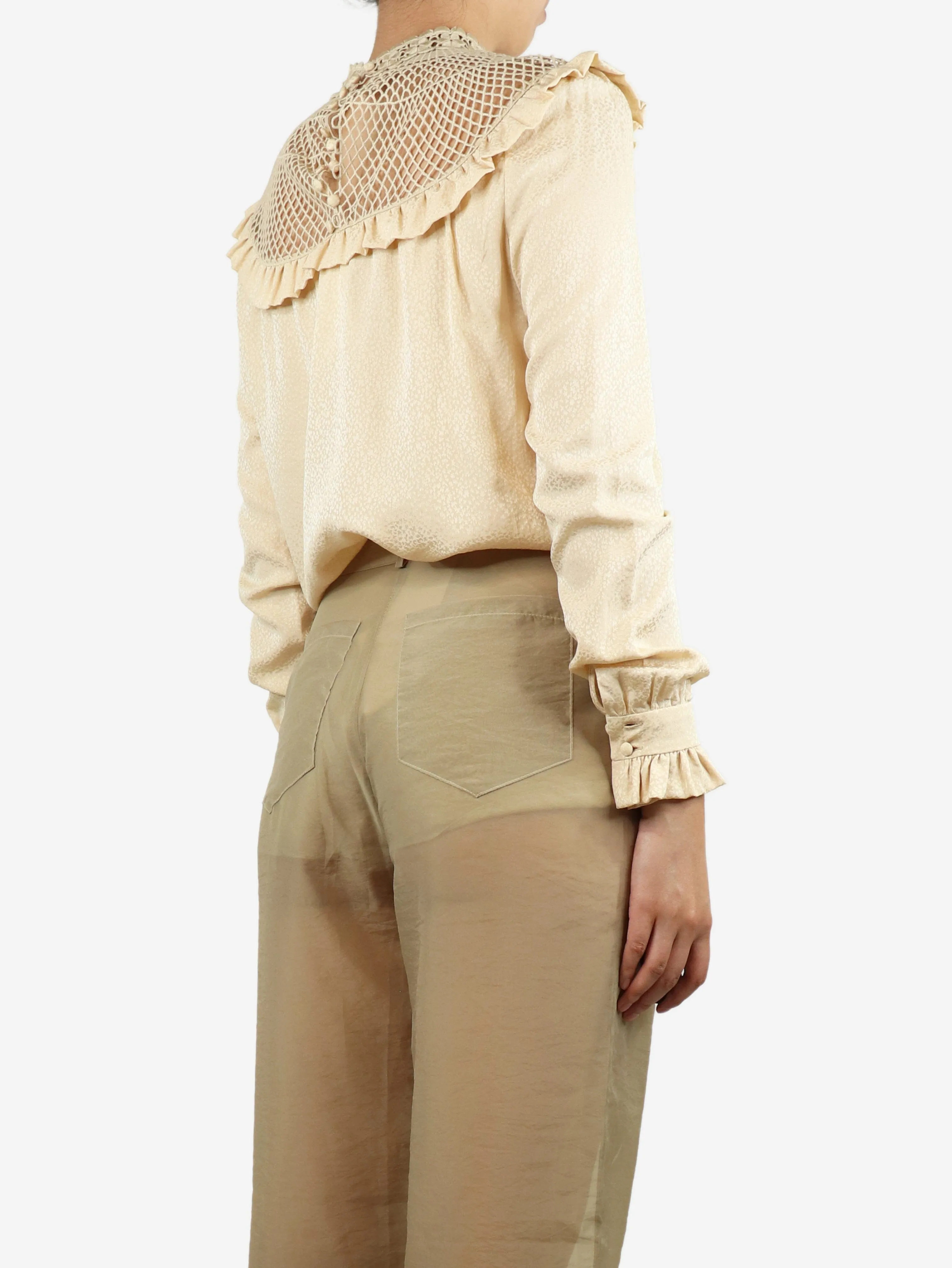 Beige silk blouse with lace embroidery - size UK 8