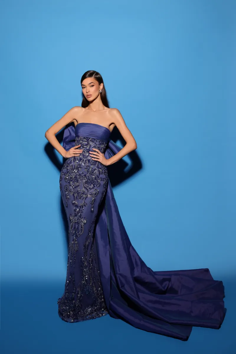 BELLAMY BIJOU BLUE STRAPLESS EMBROIDERY GOWN