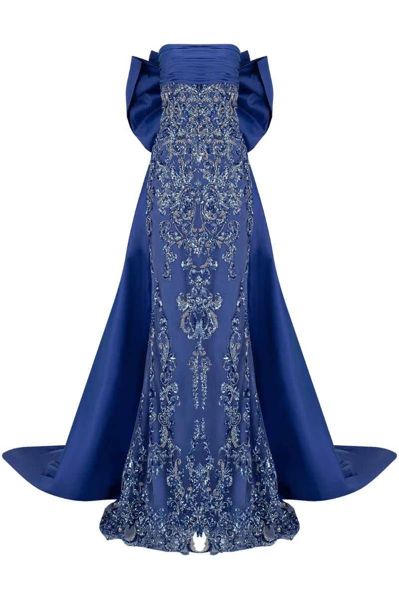 BELLAMY BIJOU BLUE STRAPLESS EMBROIDERY GOWN