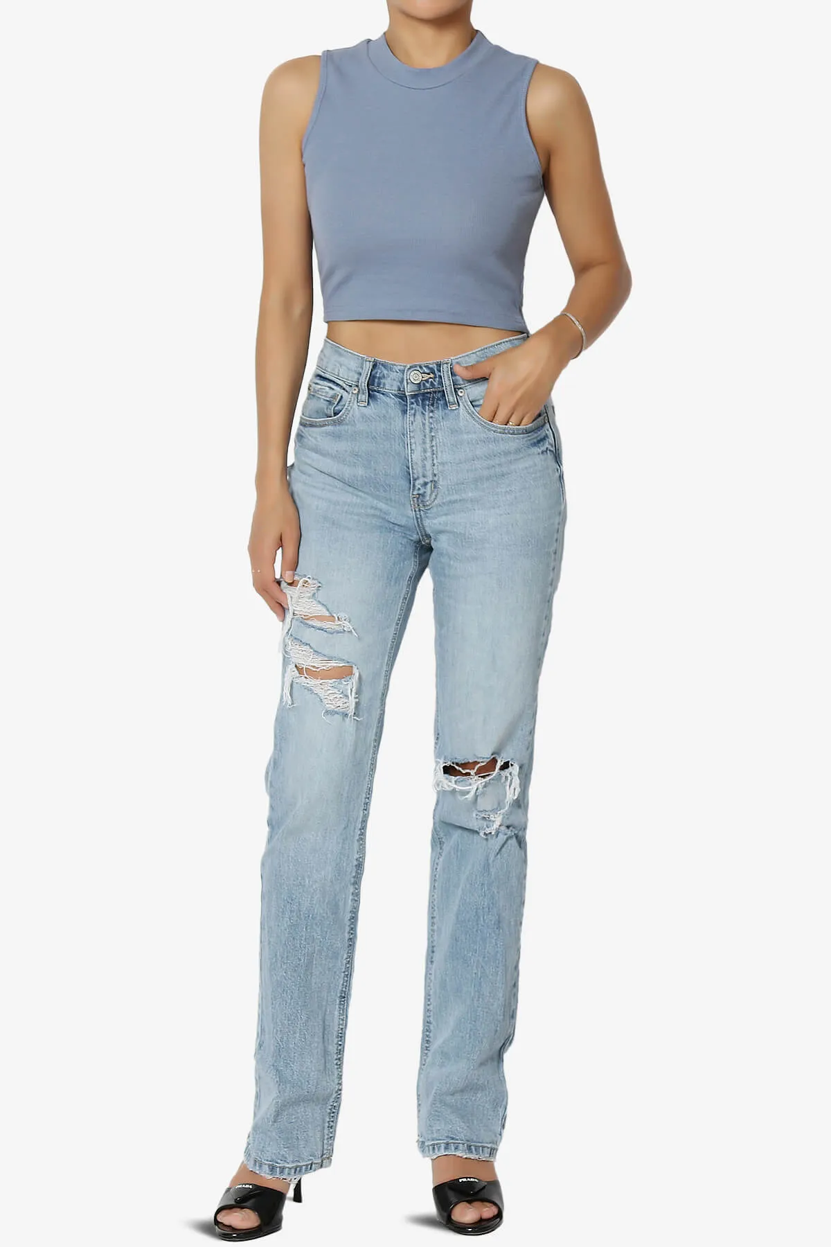 BKari High Neck Rib Crop Tank Top