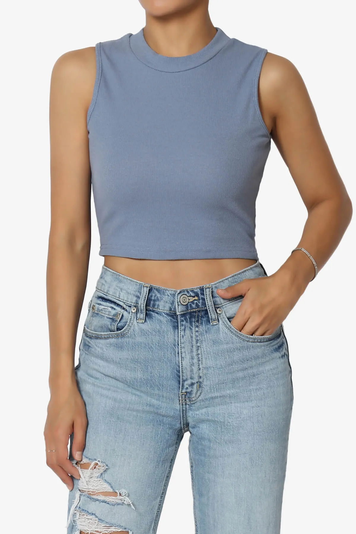 BKari High Neck Rib Crop Tank Top