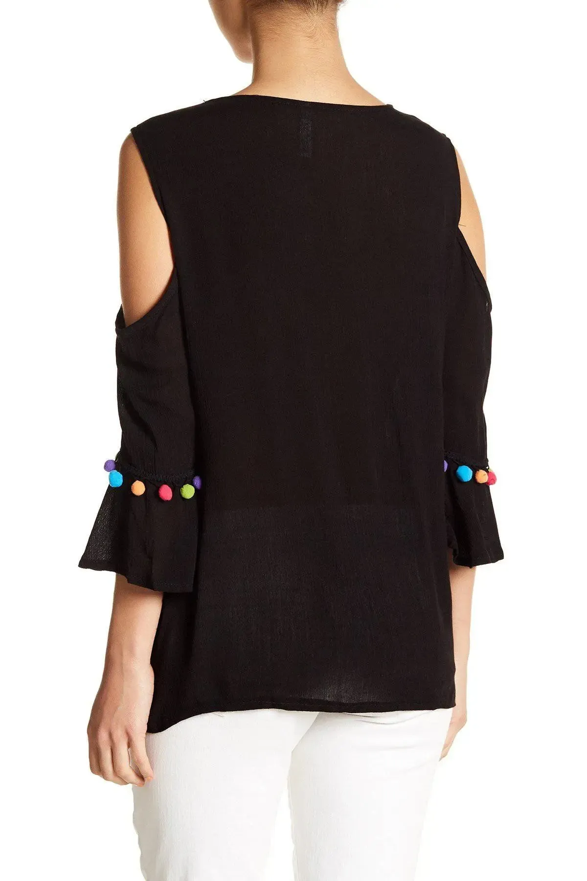 Black Embroidered Cold Shoulder Beach Top with Colorful Pompoms