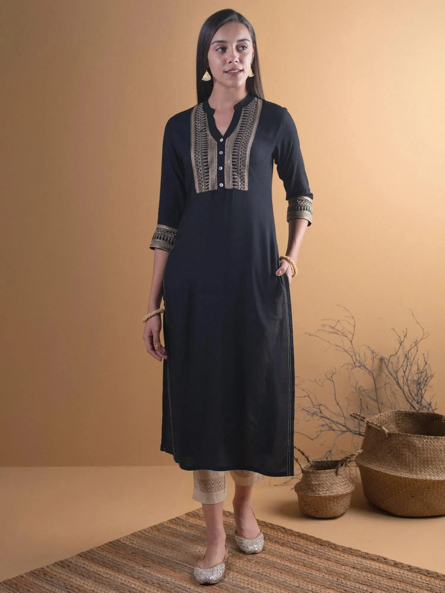 Black Embroidered Rayon Kurta