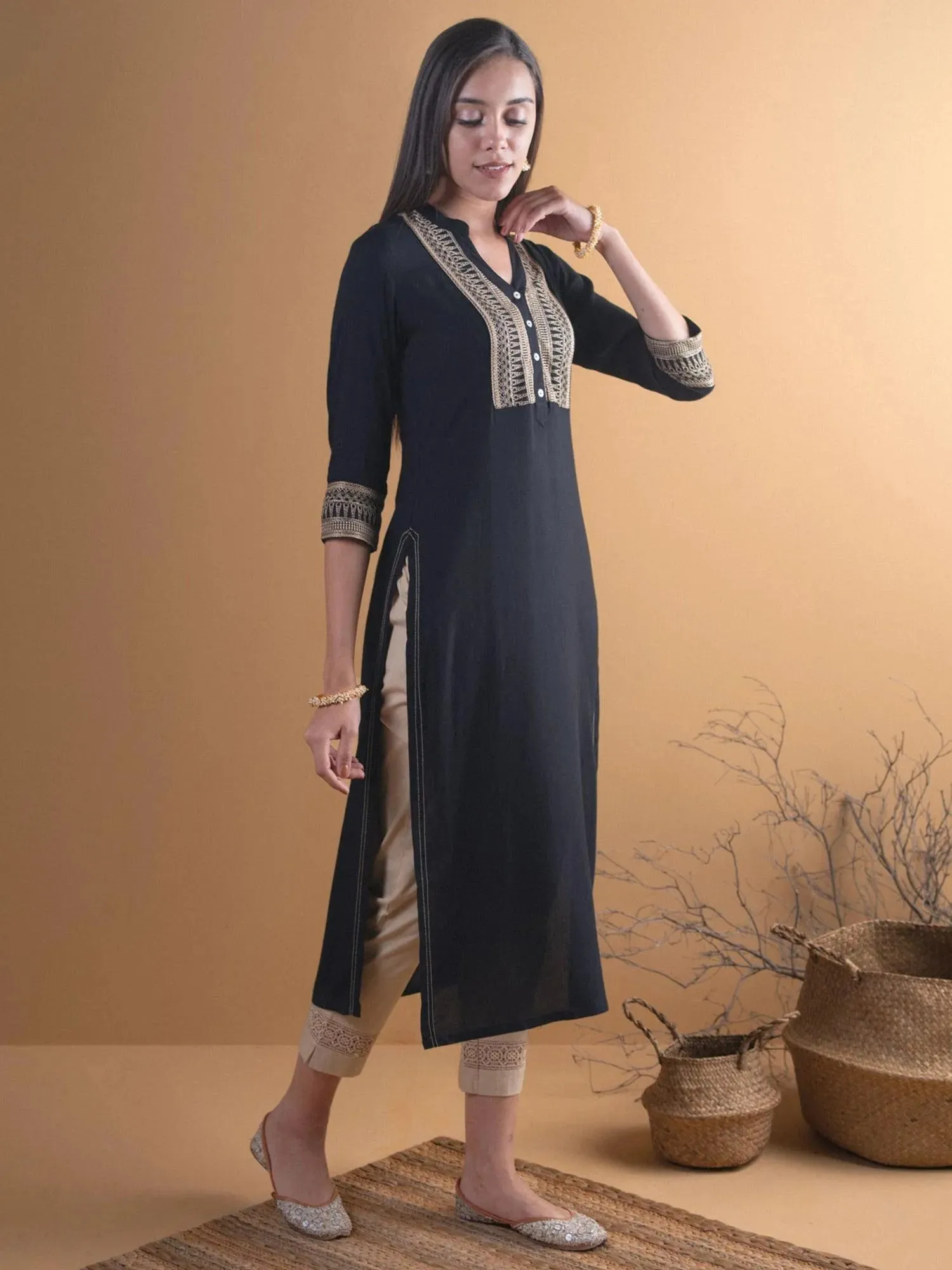 Black Embroidered Rayon Kurta