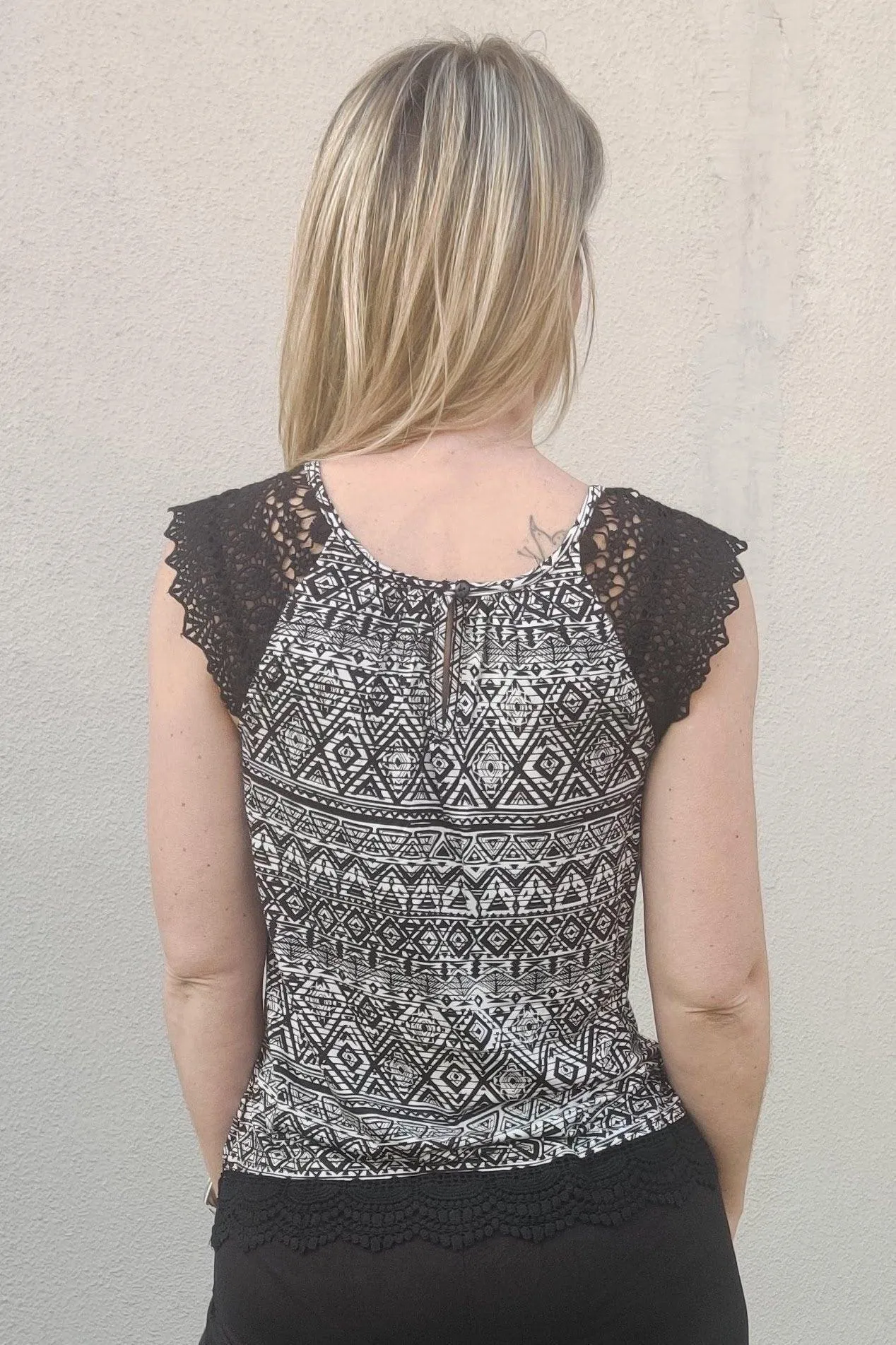 Black Geometric Printed Top with Lace