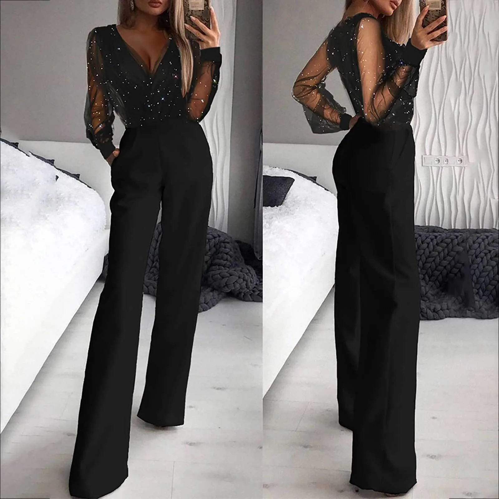 Black Jumpsuit with Mesh Powder Splicing