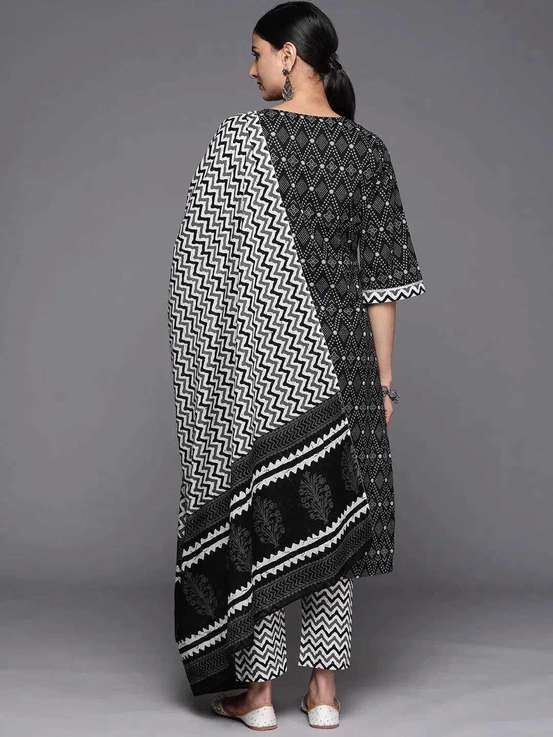 Black Printed Cotton Straight Kurta With Trousers & Dupatta