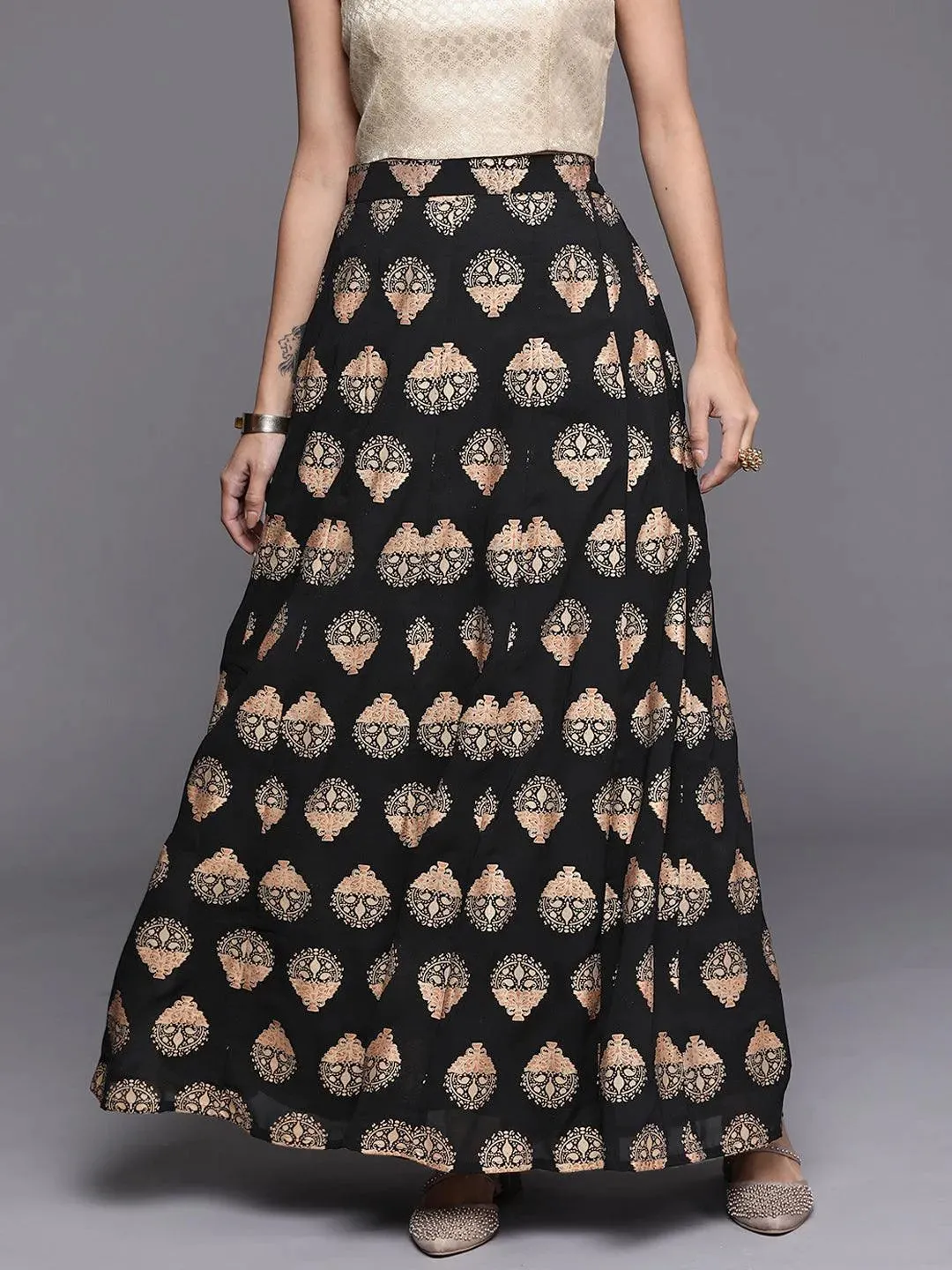 Black Printed Georgette Skirt