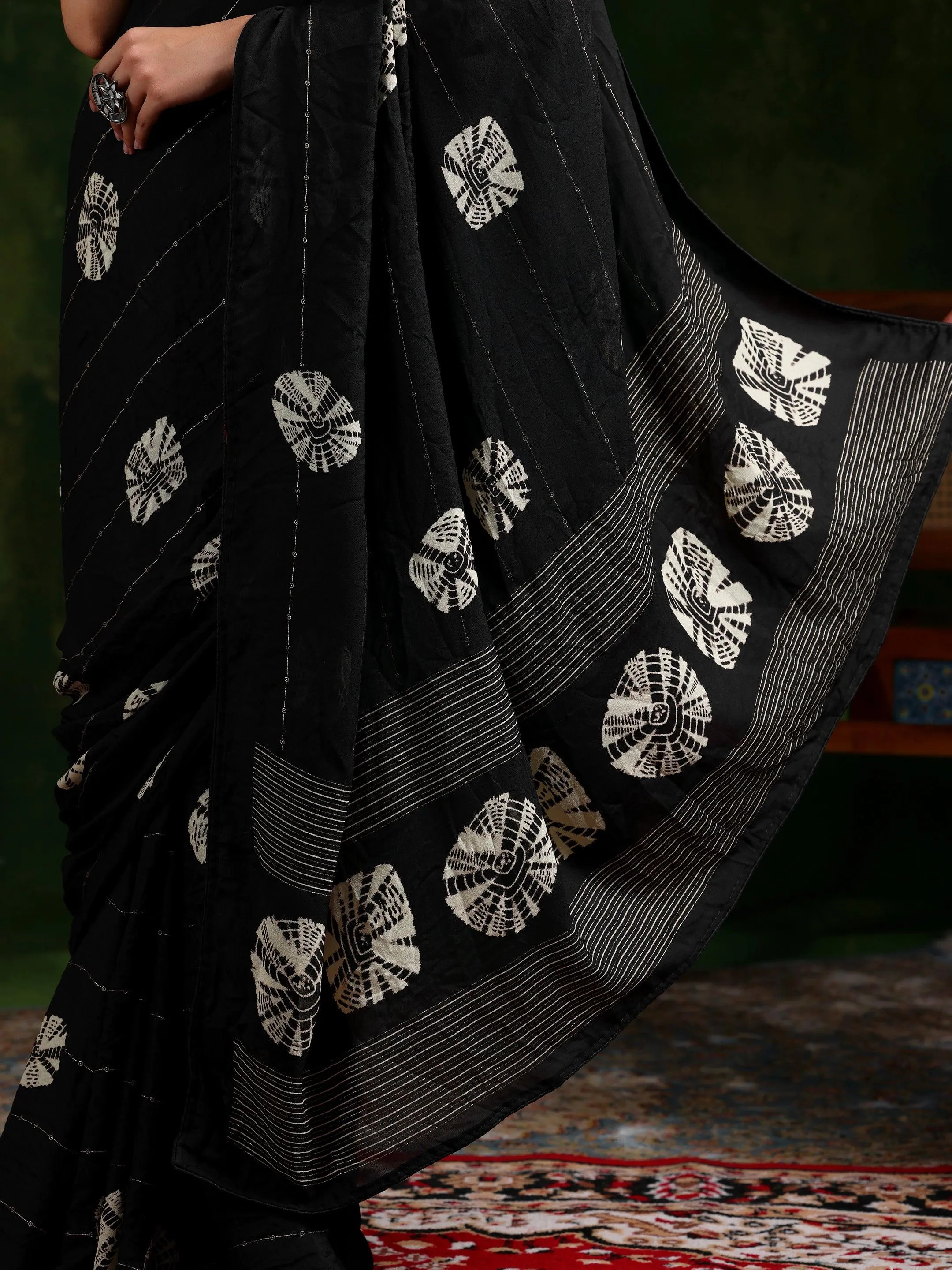 Black Printed Poly Chiffon Saree With Unstitched Blouse Piece