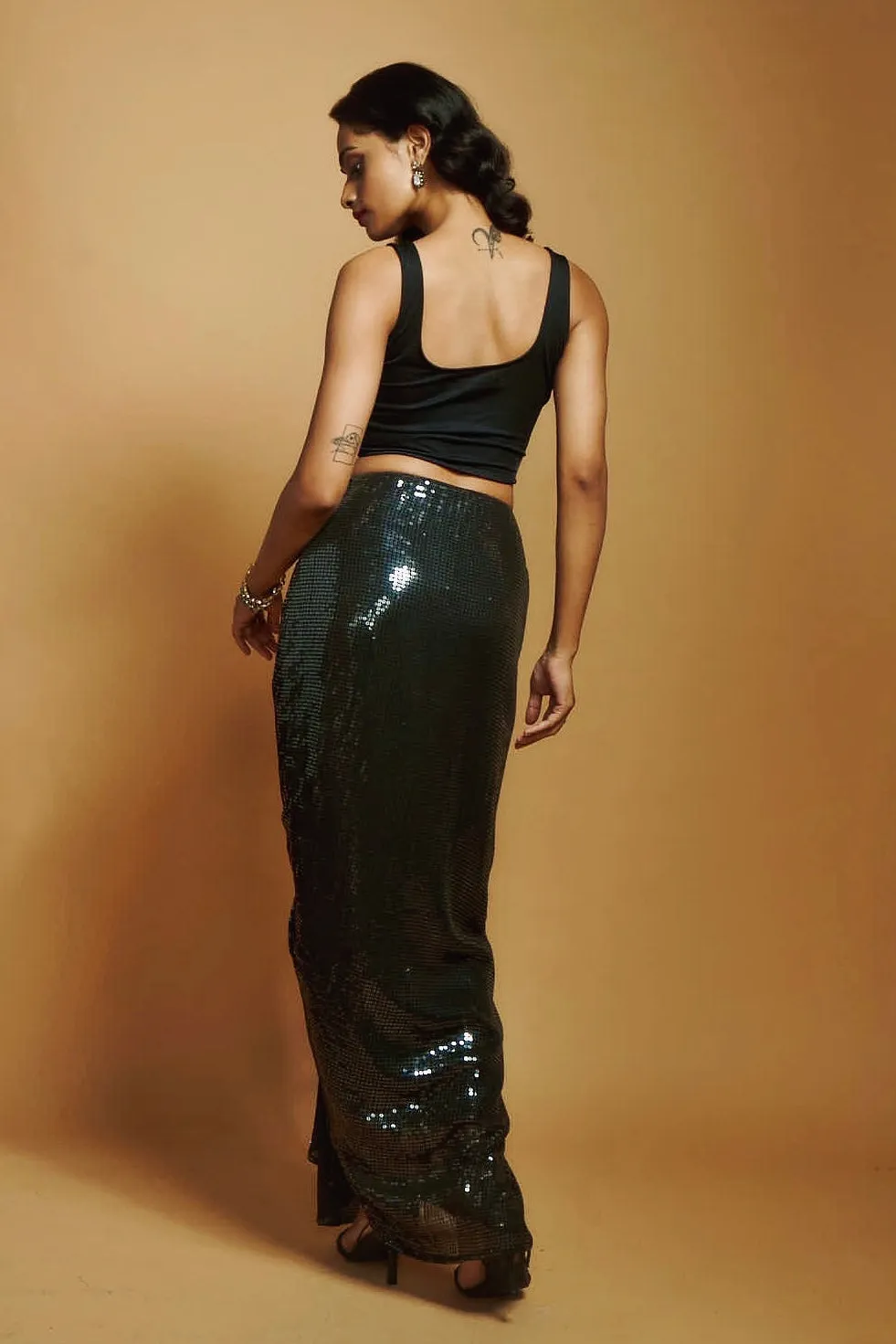 BLACK SEQUIN SKIRT WITH DETACHABLE SEQUIN PALLU