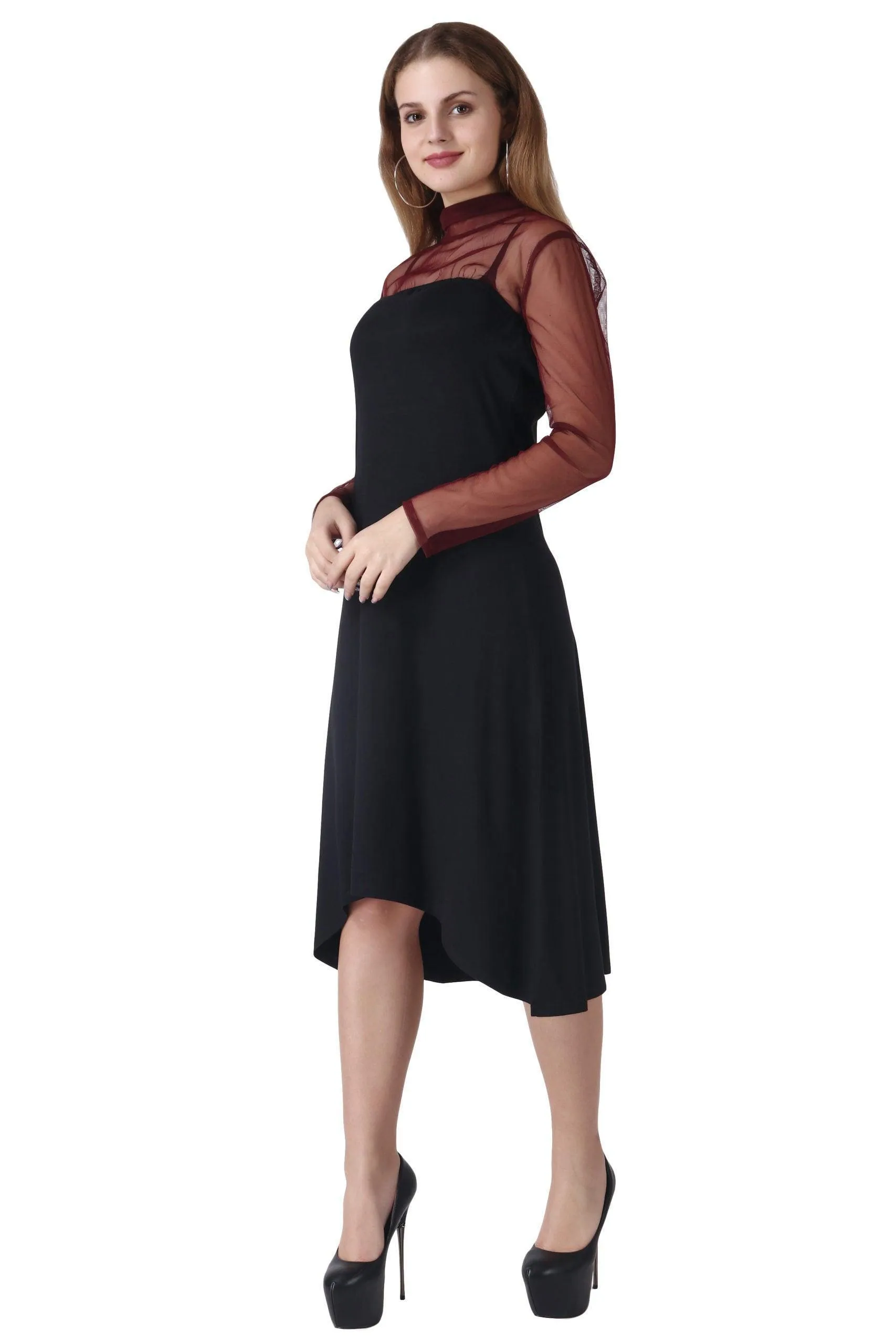 Black Solid Tube Dress with Maroon Shrug Lining