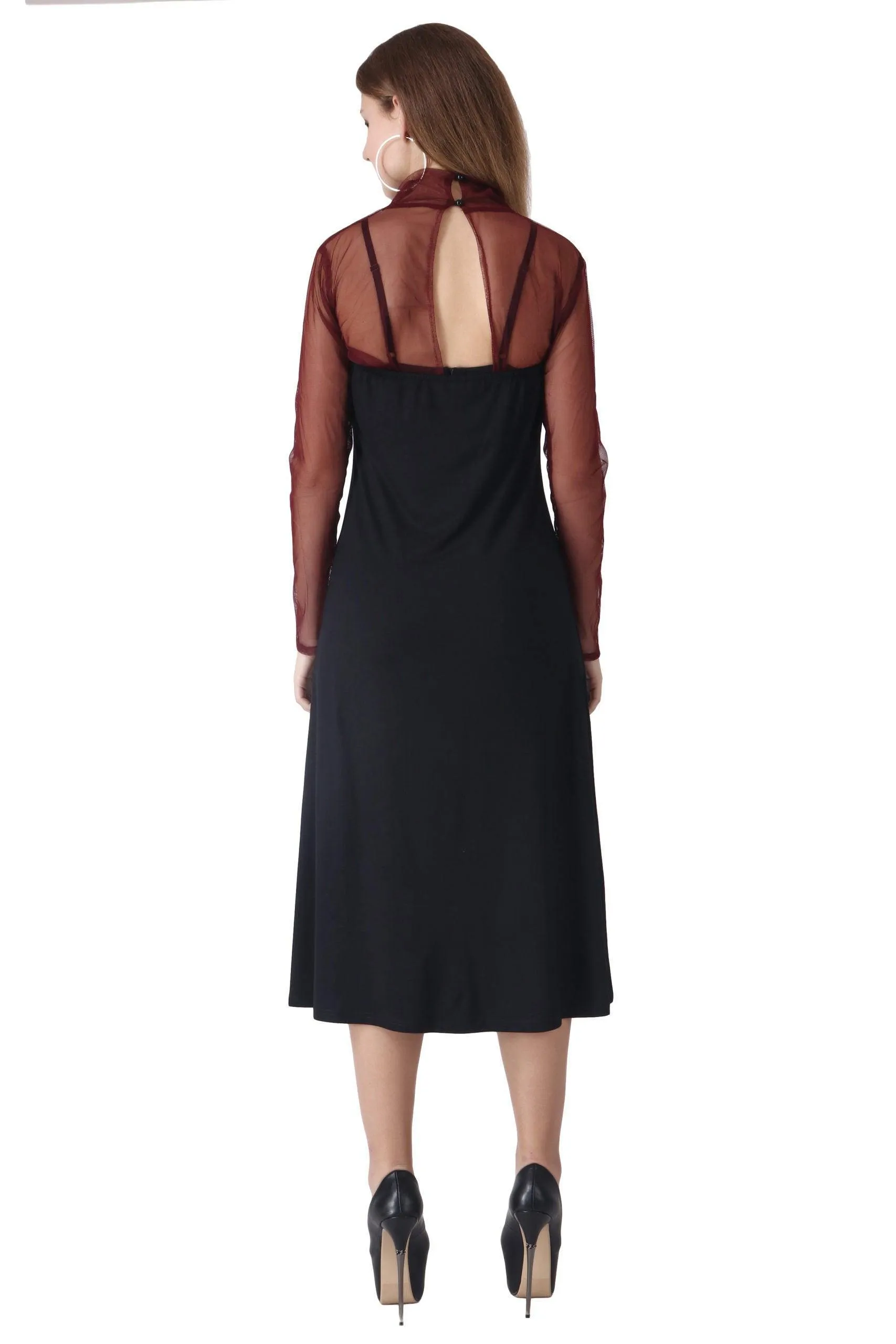 Black Solid Tube Dress with Maroon Shrug Lining